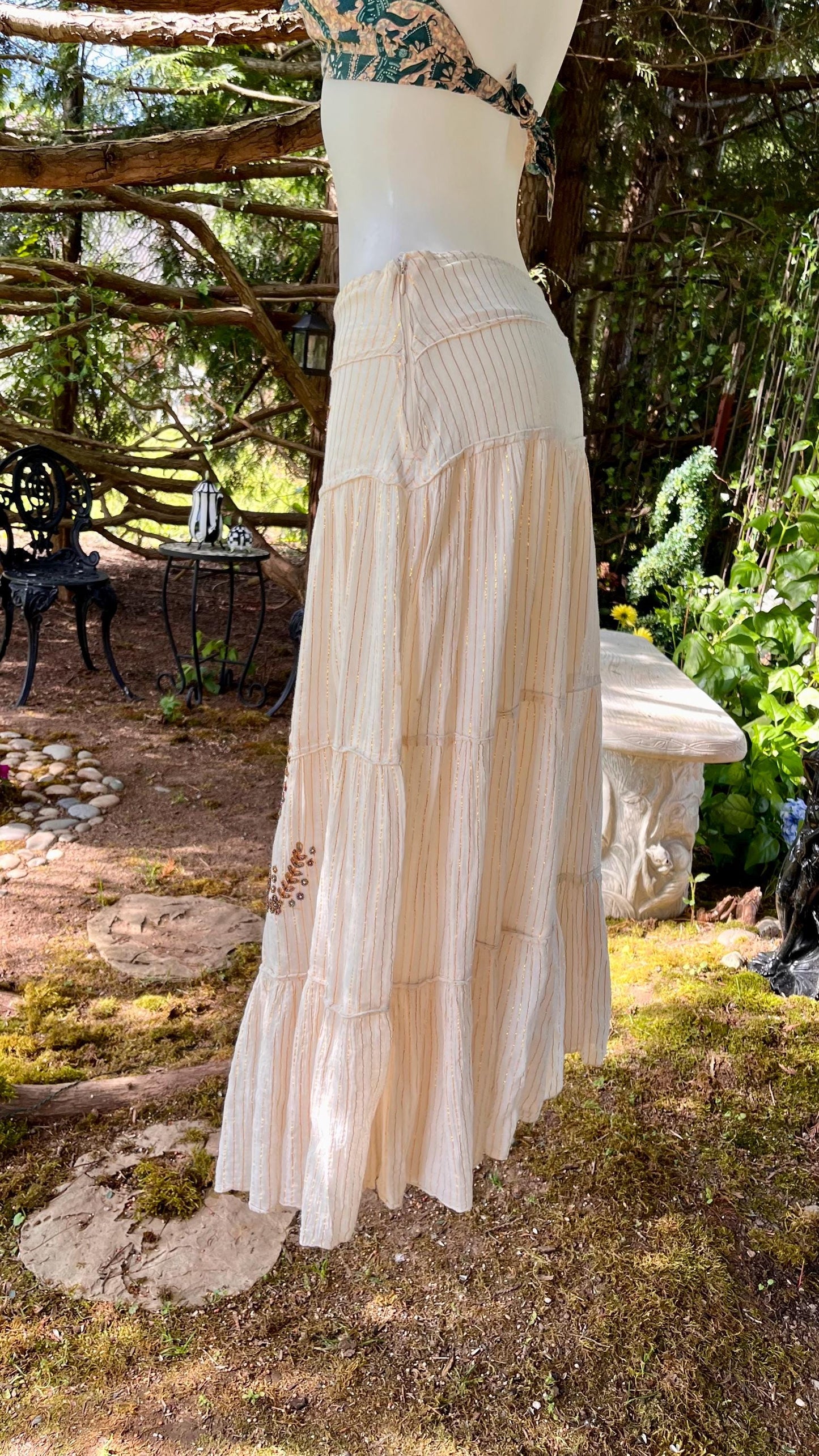 Cream Meadow Skirt with Gold Pinstripes