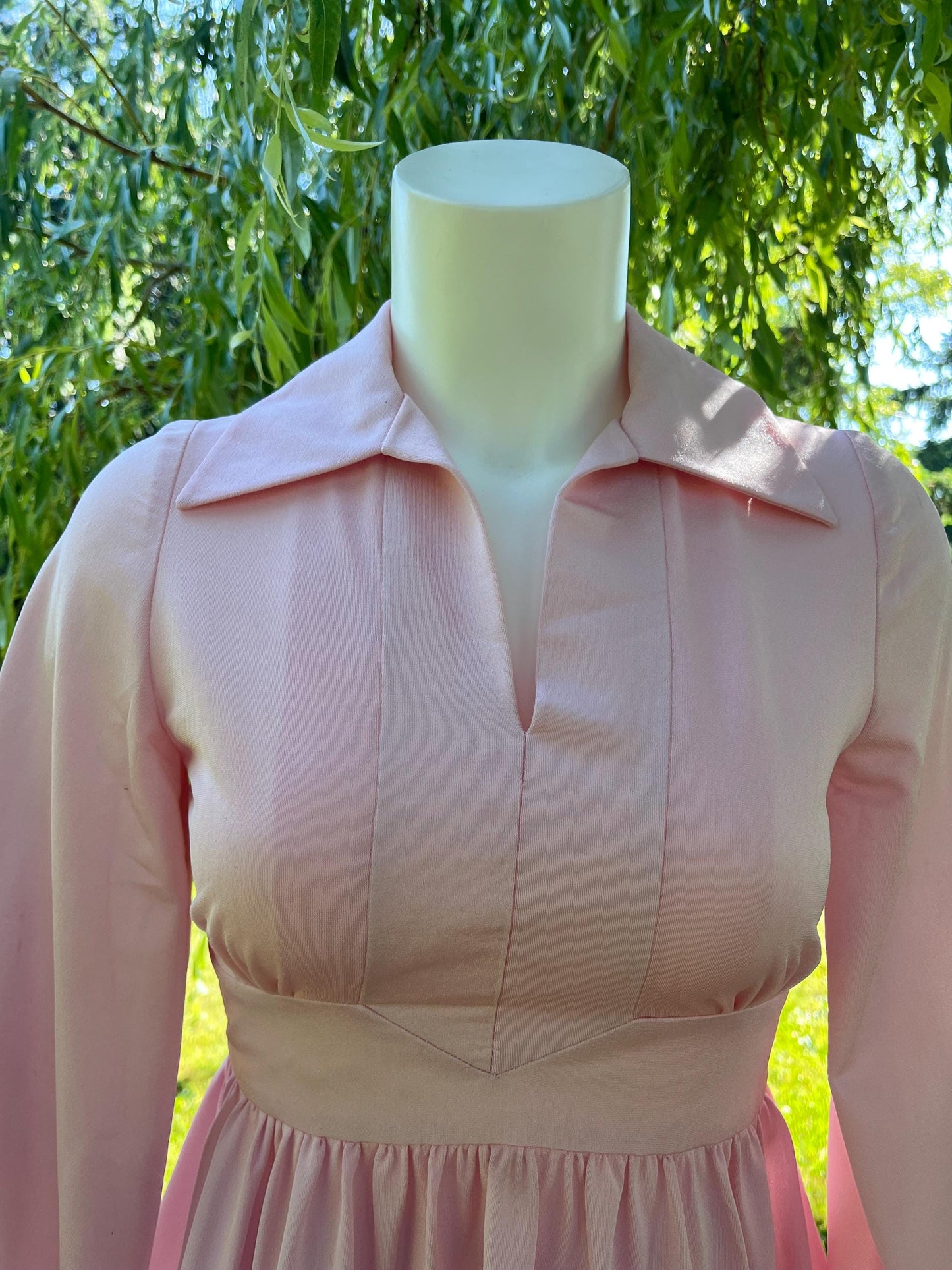 Vintage 1970s Pink Prairie Maxi Dress – Long Sleeve Collared Cottagecore Gown