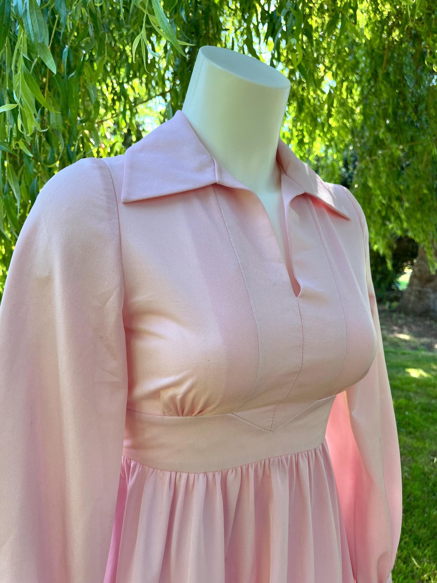 Vintage 1970s Pink Prairie Maxi Dress – Long Sleeve Collared Cottagecore Gown