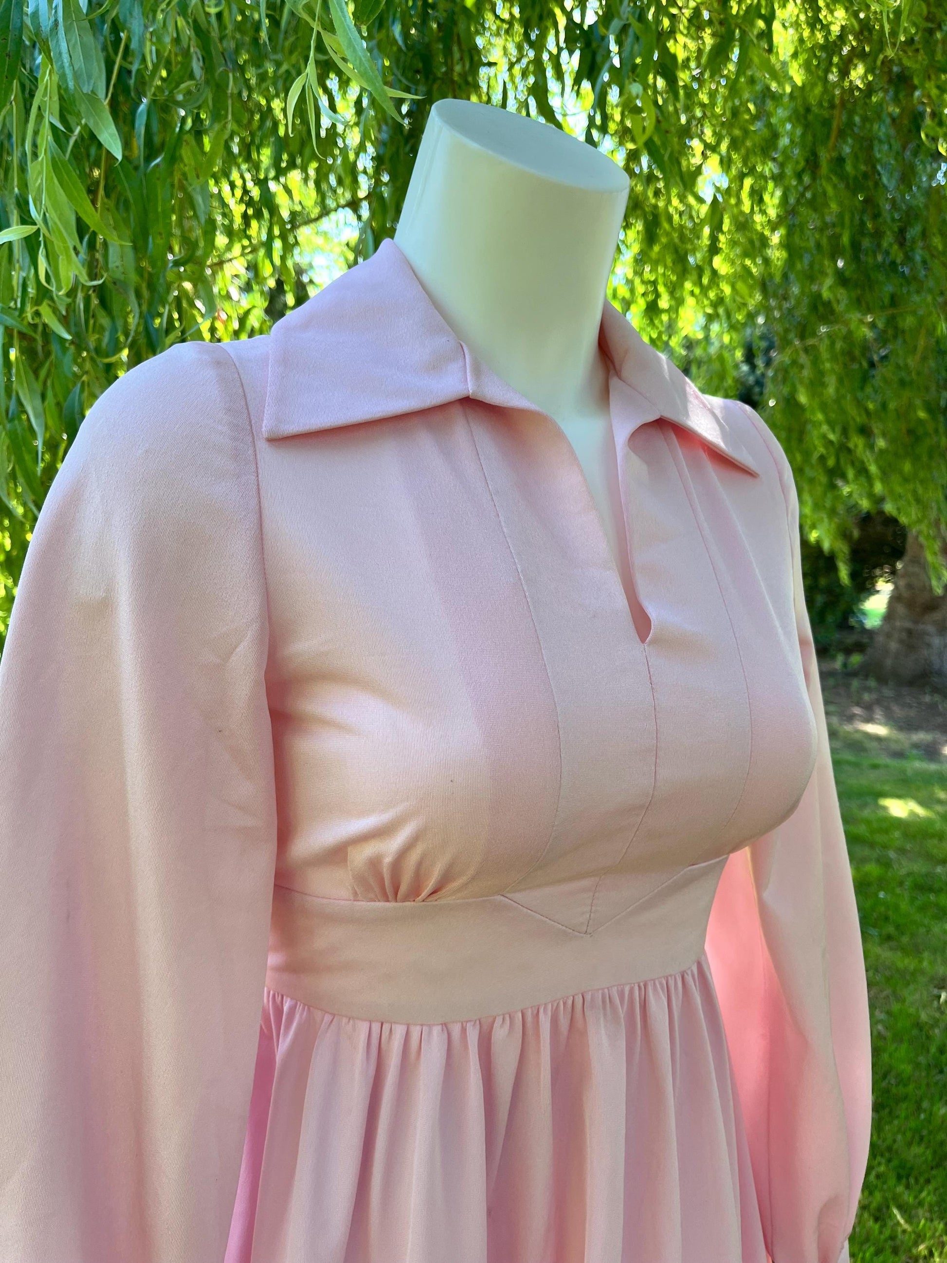 Vintage 1970s Pink Prairie Maxi Dress – Long Sleeve Collared Cottagecore Gown