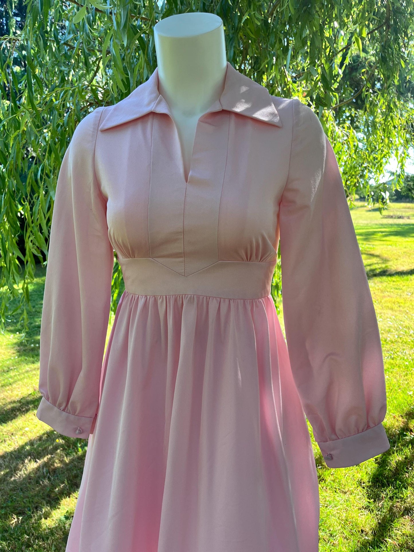 Vintage 1970s Pink Prairie Maxi Dress – Long Sleeve Collared Cottagecore Gown