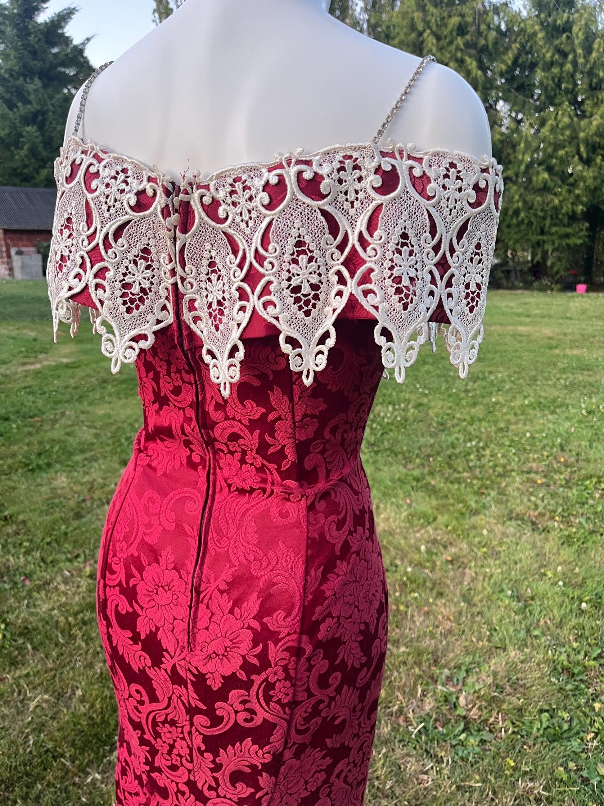 Vintage Scott McClintock Burgundy Brocade Dress with Dramatic Lace Capelet