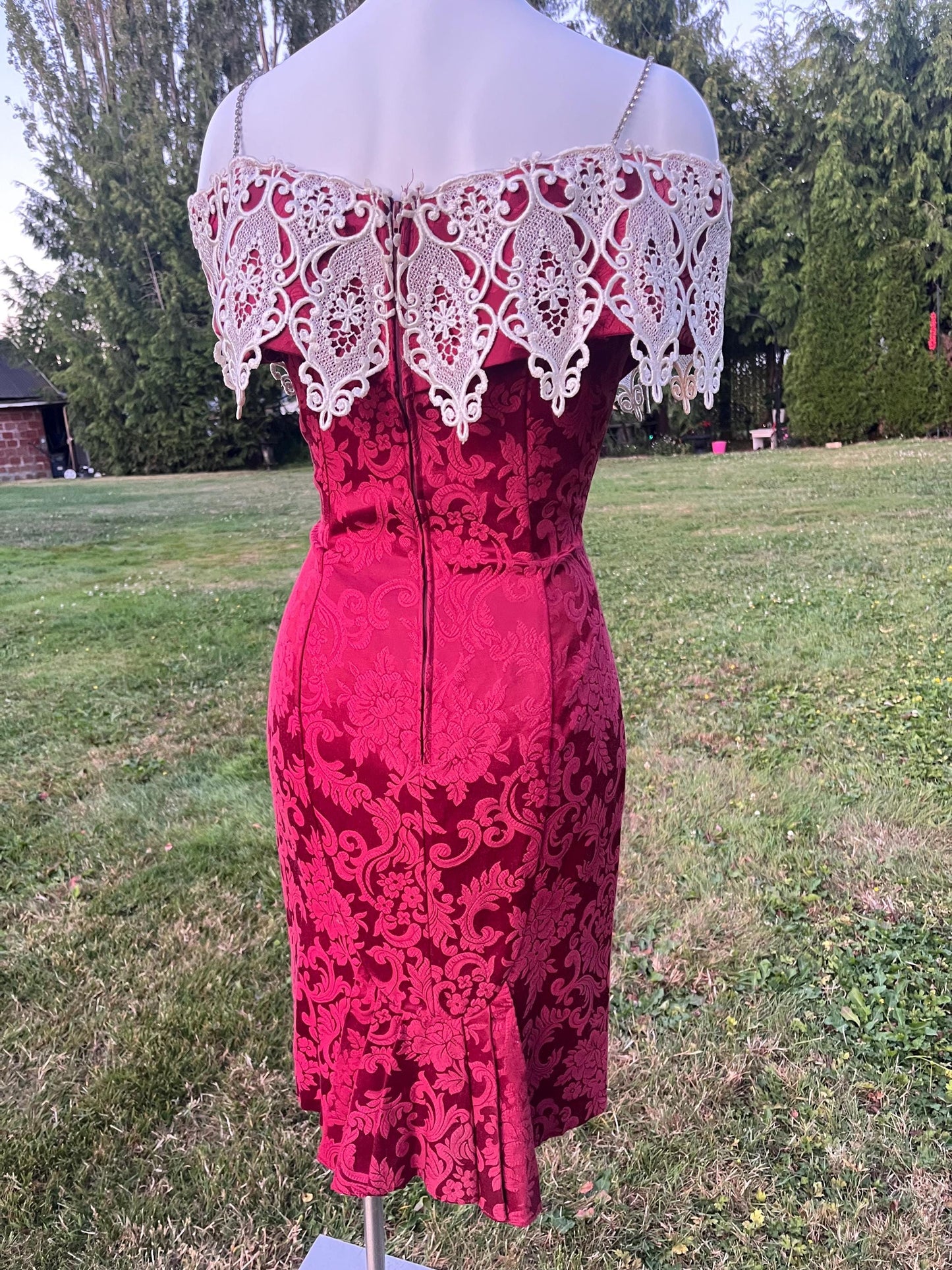 Vintage Scott McClintock Burgundy Brocade Dress with Dramatic Lace Capelet