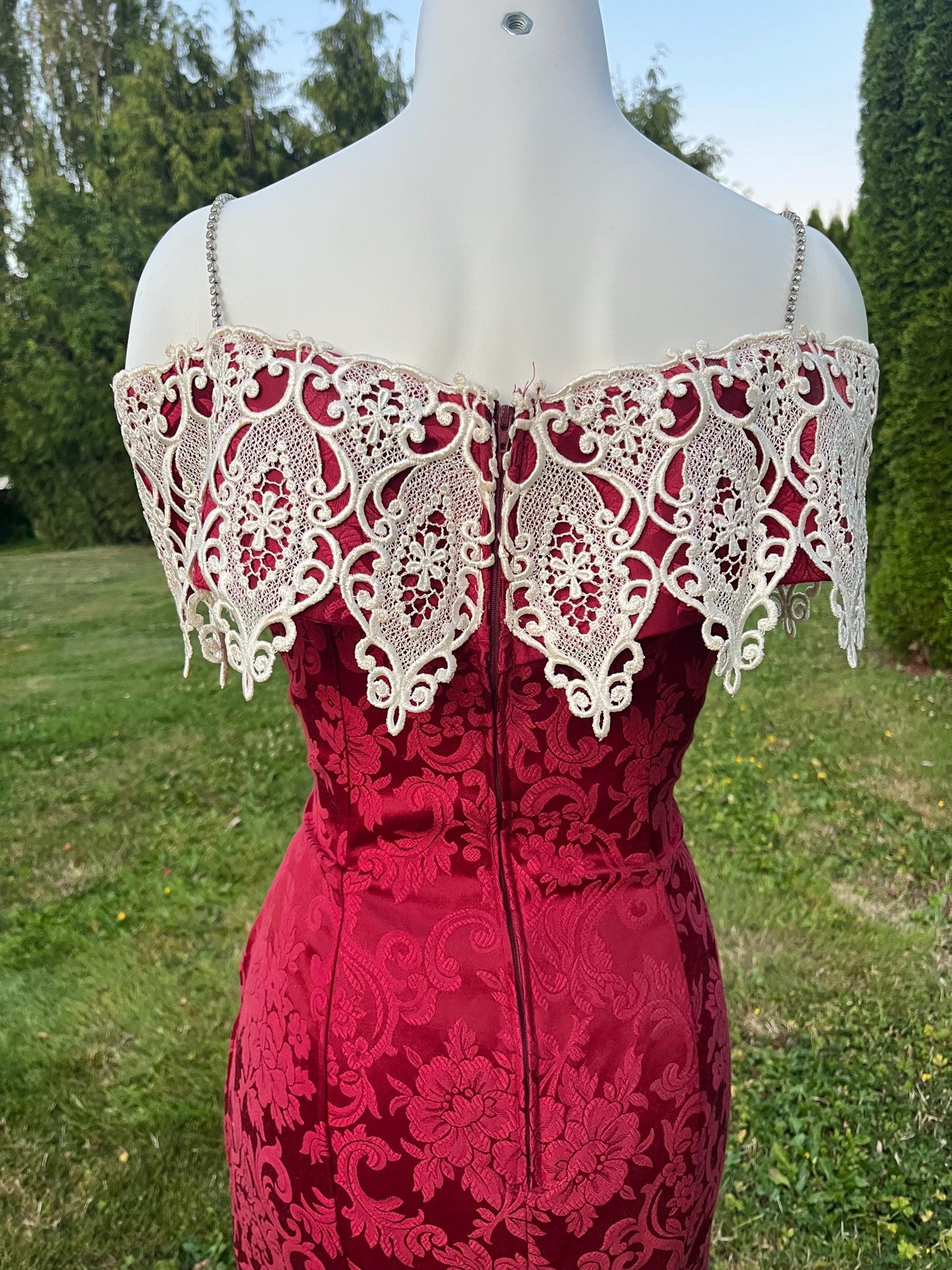 Vintage Scott McClintock Burgundy Brocade Dress with Dramatic Lace Capelet
