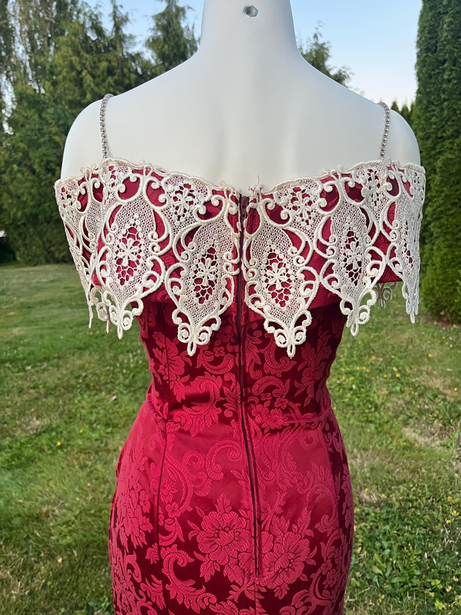Vintage Scott McClintock Burgundy Brocade Dress with Dramatic Lace Capelet