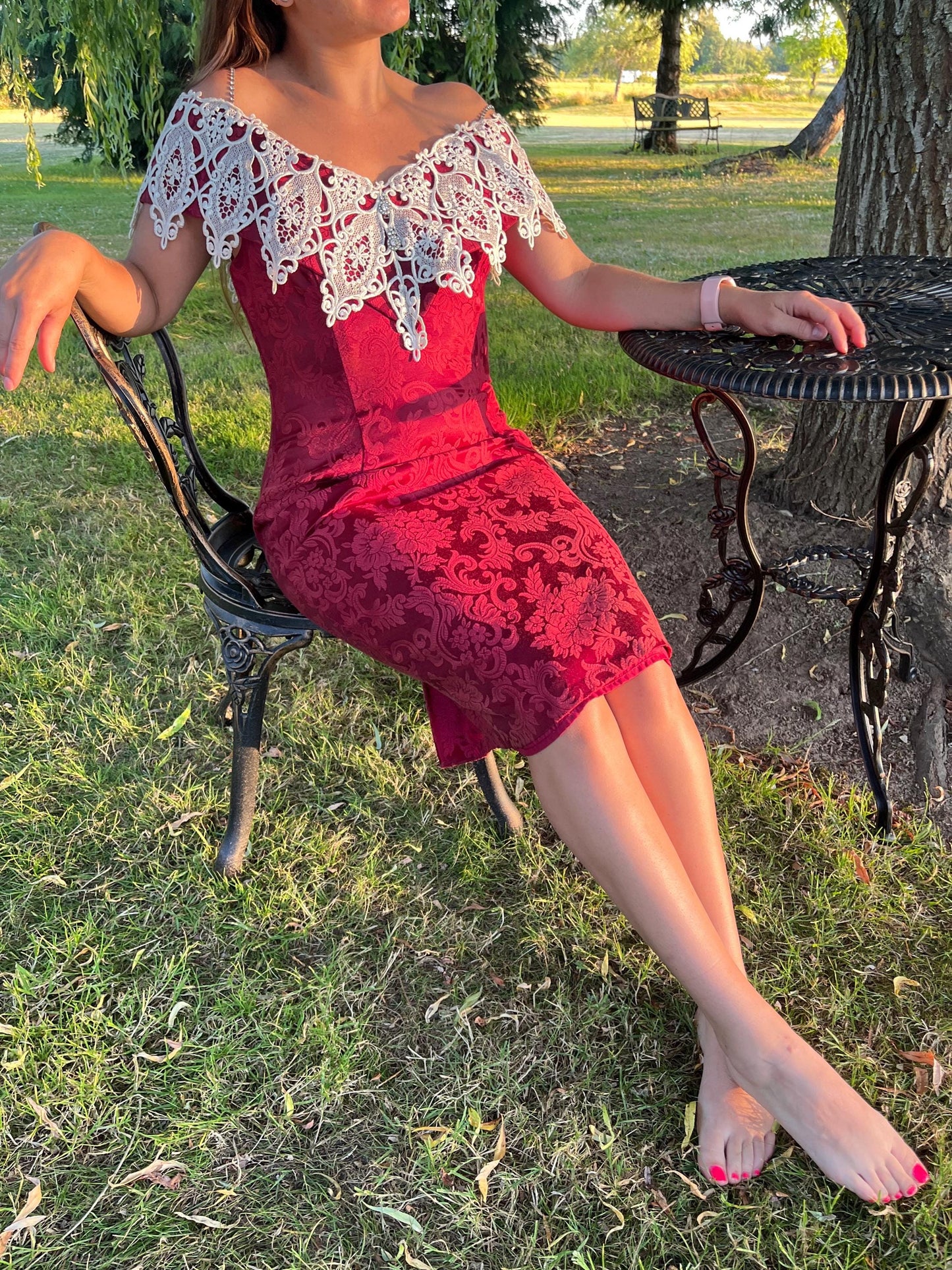 Vintage Scott McClintock Burgundy Brocade Dress with Dramatic Lace Capelet