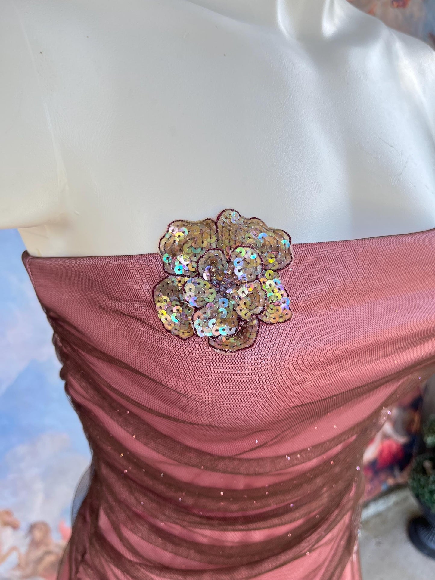 Vintage Strapless Rose Mauve Mesh Party Dress