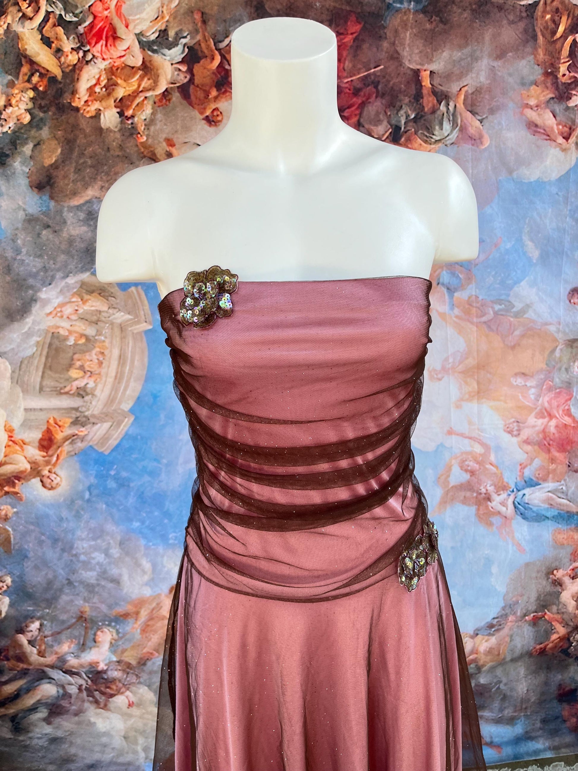 Vintage Strapless Rose Mauve Mesh Party Dress