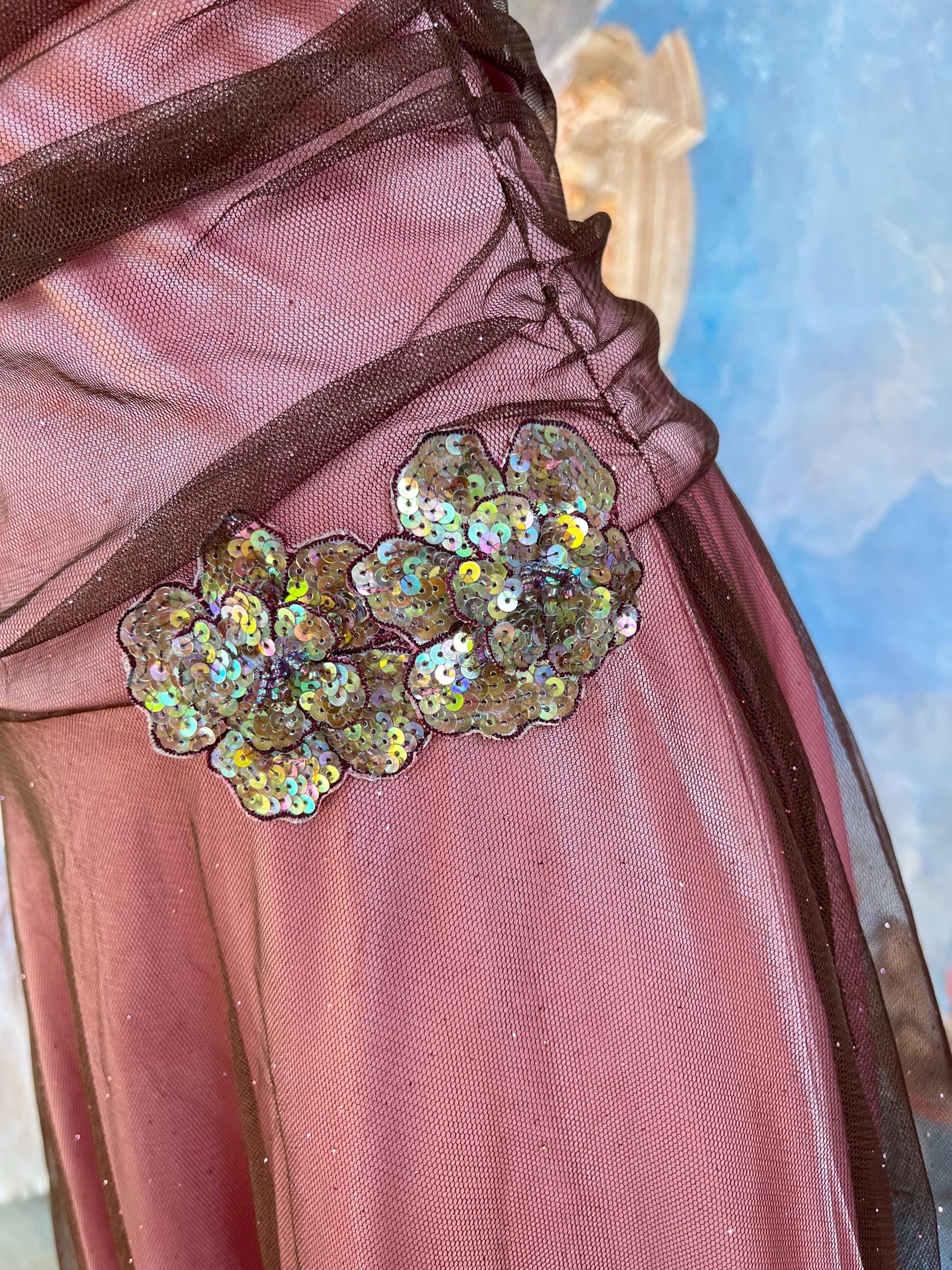 Vintage Strapless Rose Mauve Mesh Party Dress