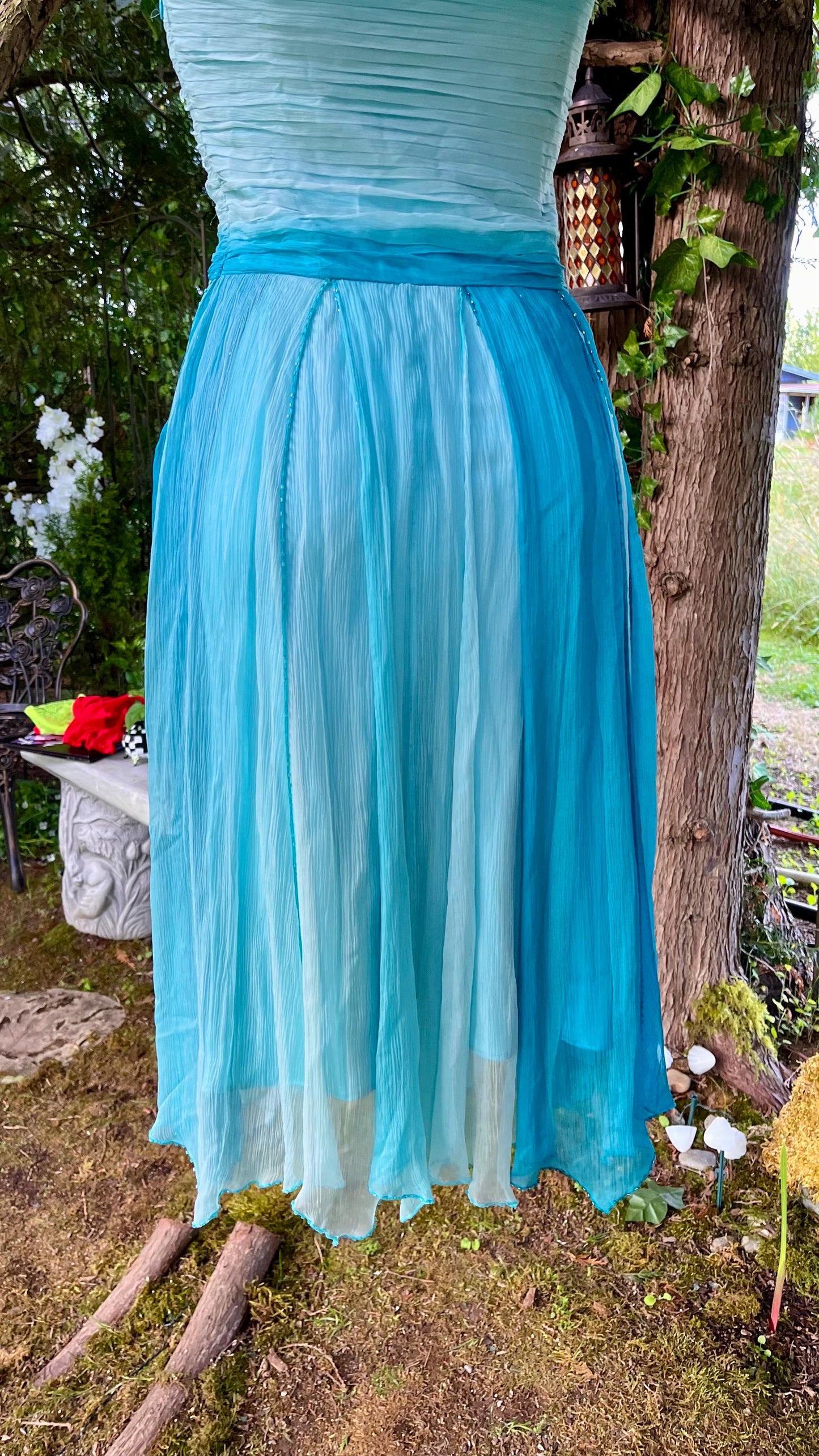 Ocean Sprite Strapless Silk Dress | Vintage Fairycore Cocktail Dress | Light Blue + Teal Ombre Layers