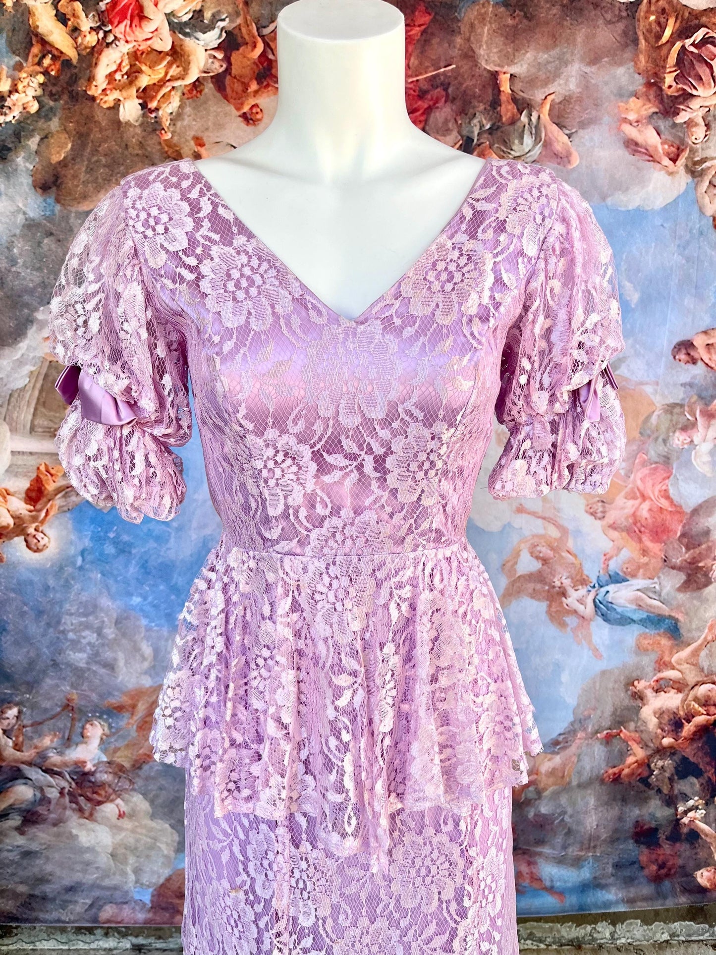 Vintage Lilac Lace Peplum Dress | 80s Romantic Cottagecore Dream