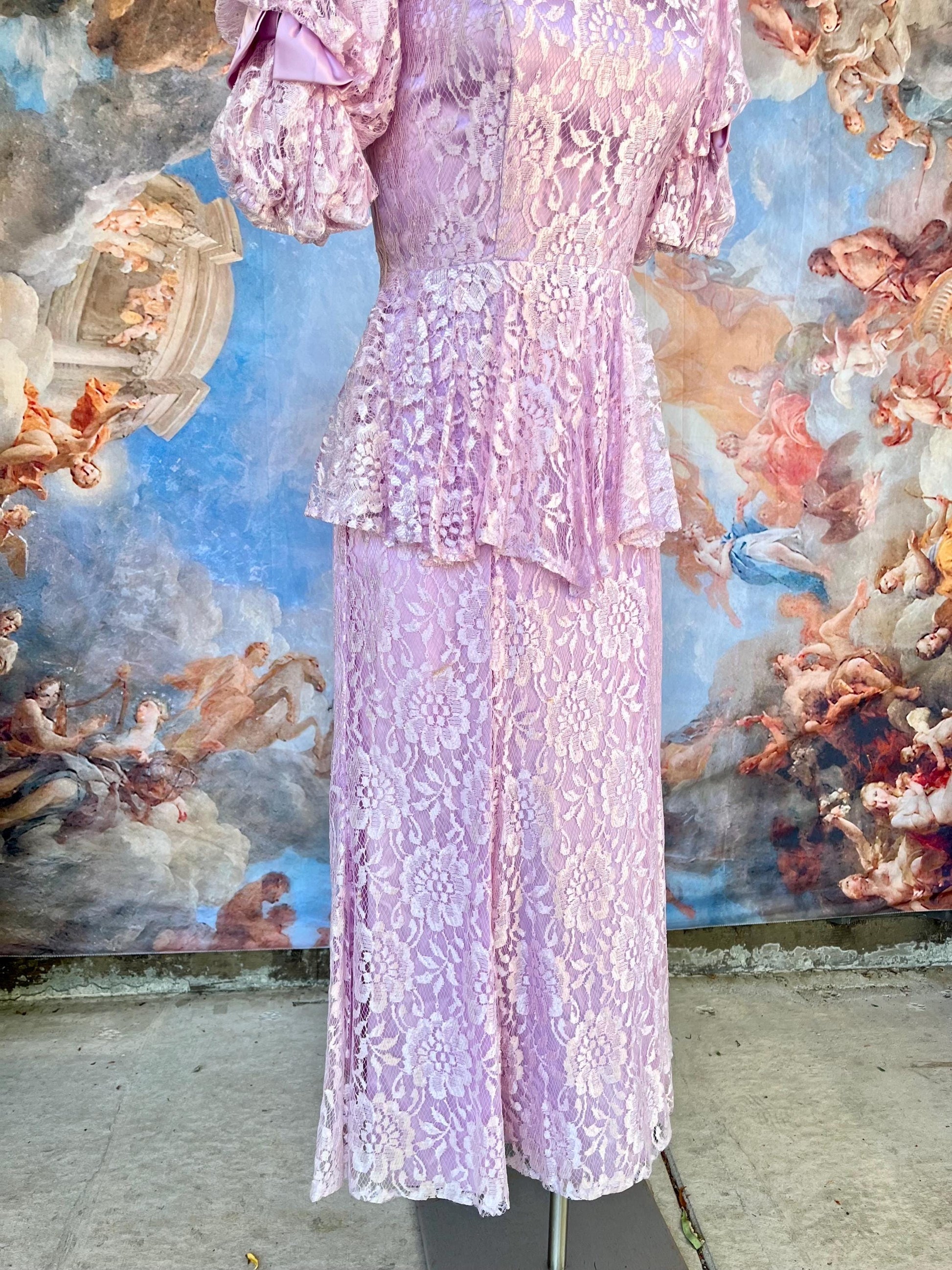 Vintage Lilac Lace Peplum Dress | 80s Romantic Cottagecore Dream