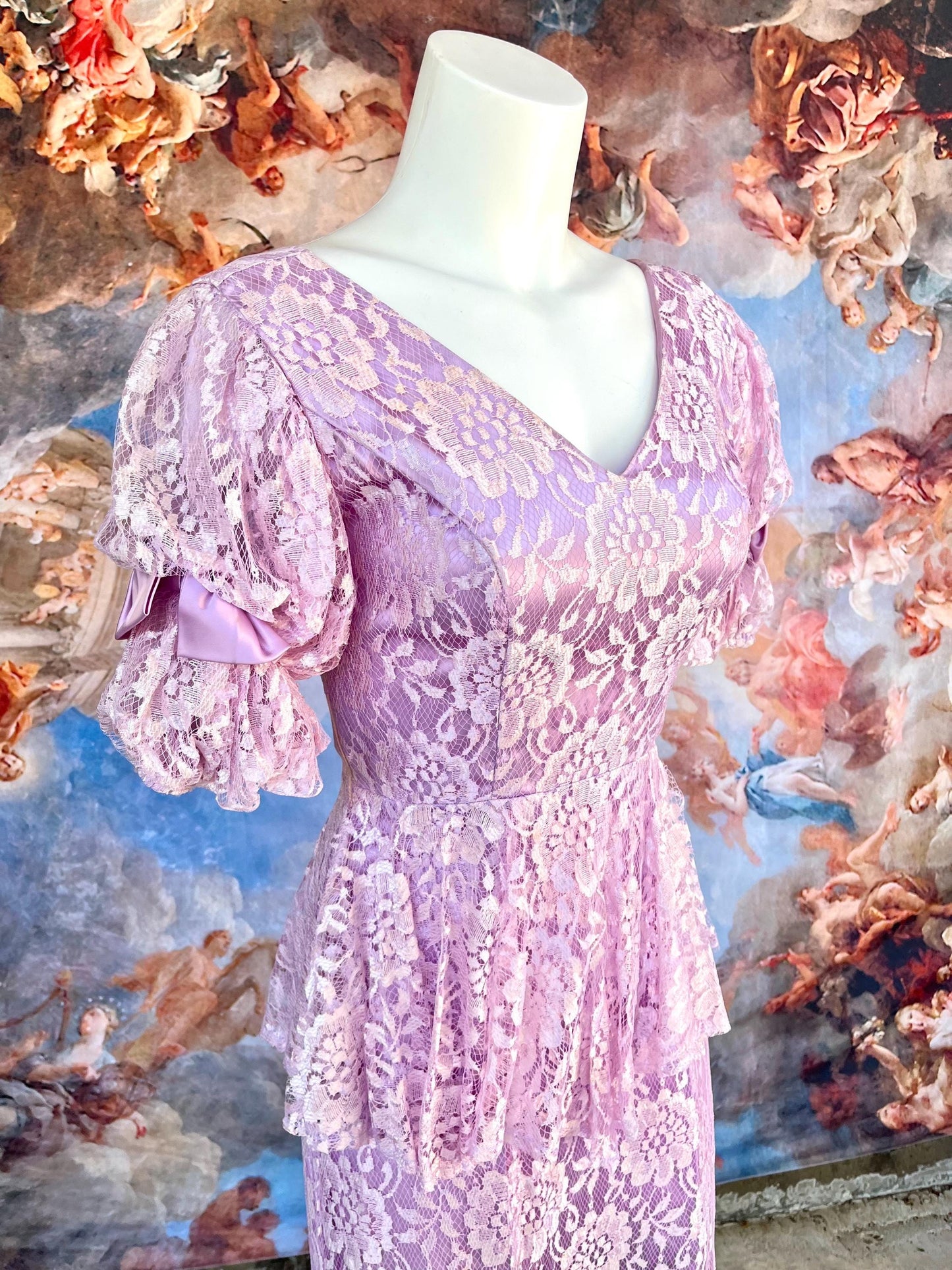 Vintage Lilac Lace Peplum Dress | 80s Romantic Cottagecore Dream