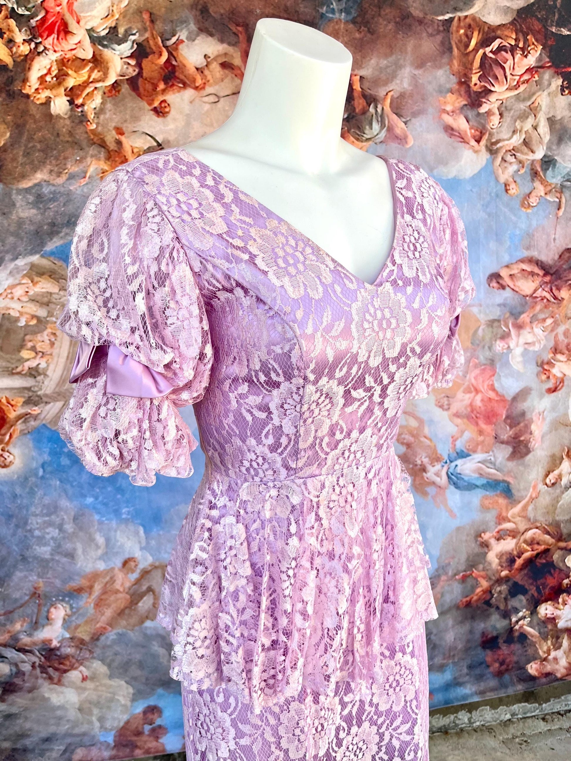 Vintage Lilac Lace Peplum Dress | 80s Romantic Cottagecore Dream