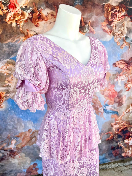 Vintage Lilac Lace Peplum Dress | 80s Romantic Cottagecore Dream