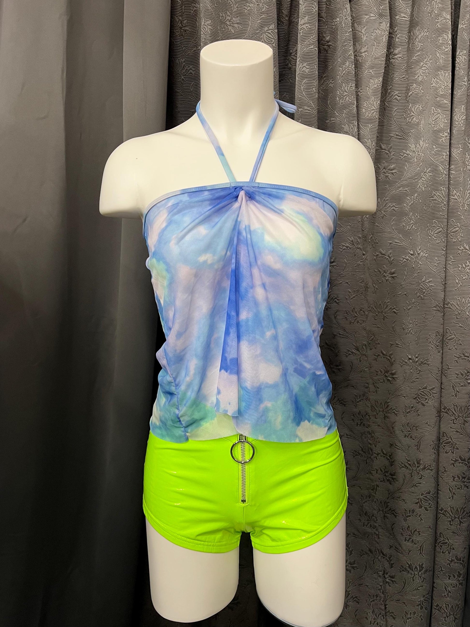 Sky Dream Mesh Halter Top – Cloud Print Y2K Sheer Festival Top