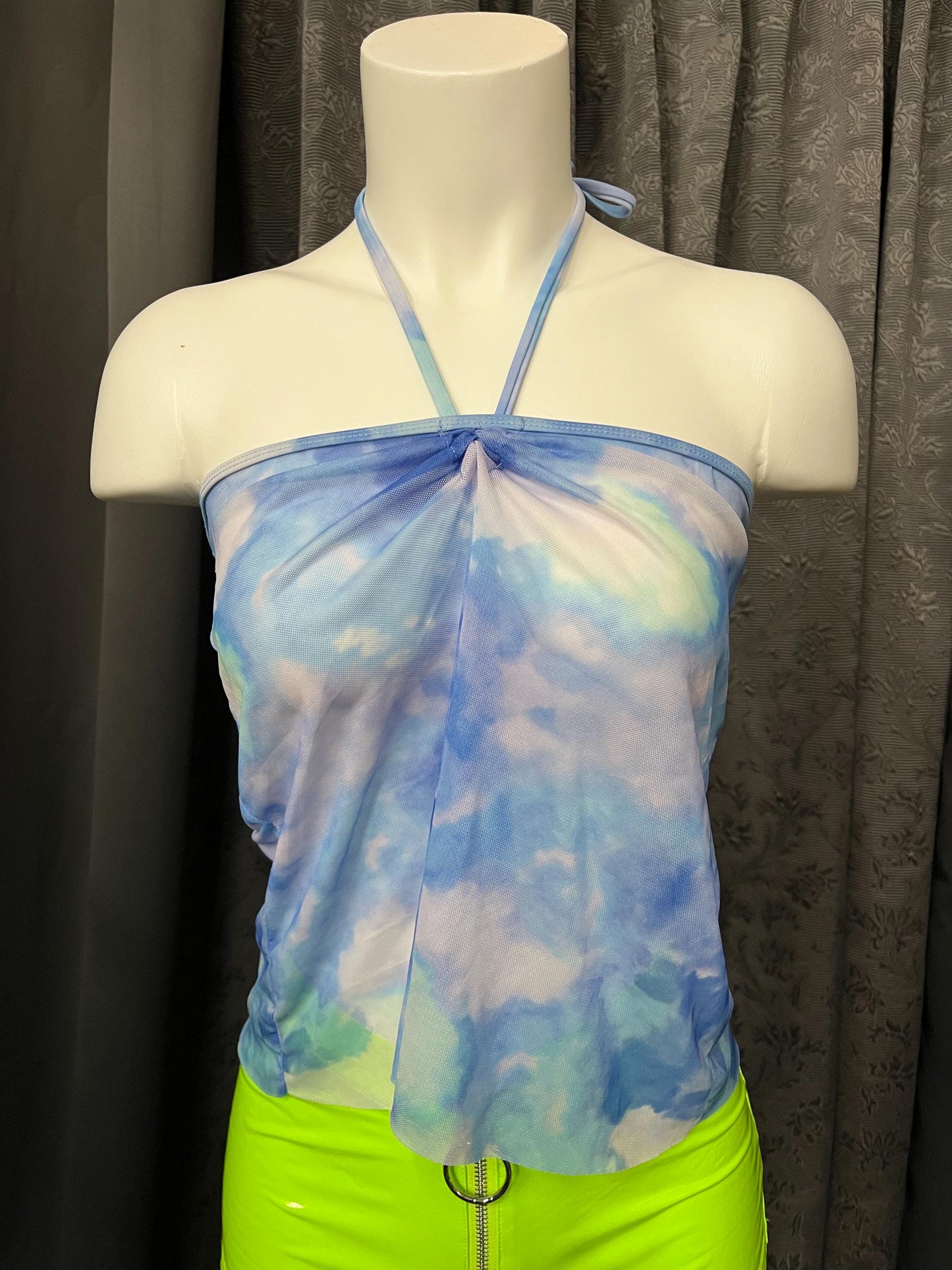 Sky Dream Mesh Halter Top – Cloud Print Y2K Sheer Festival Top