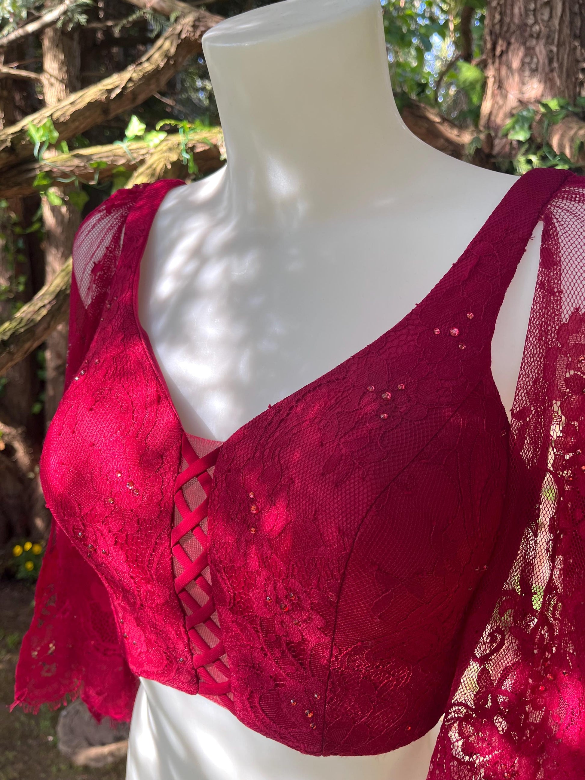 Sexy Scarlet Red Corset Top With Lace Sleeves