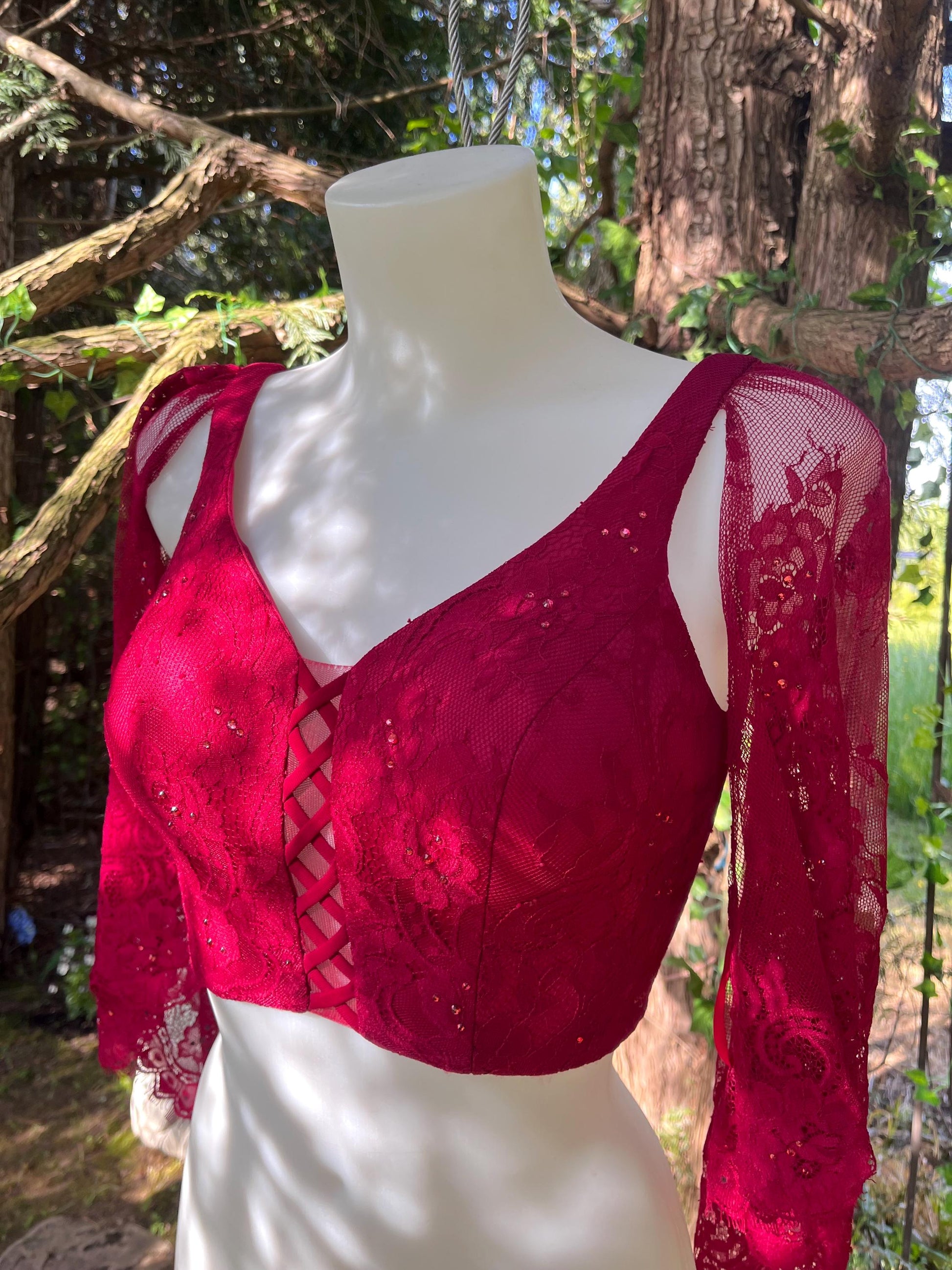 Sexy Scarlet Red Corset Top With Lace Sleeves