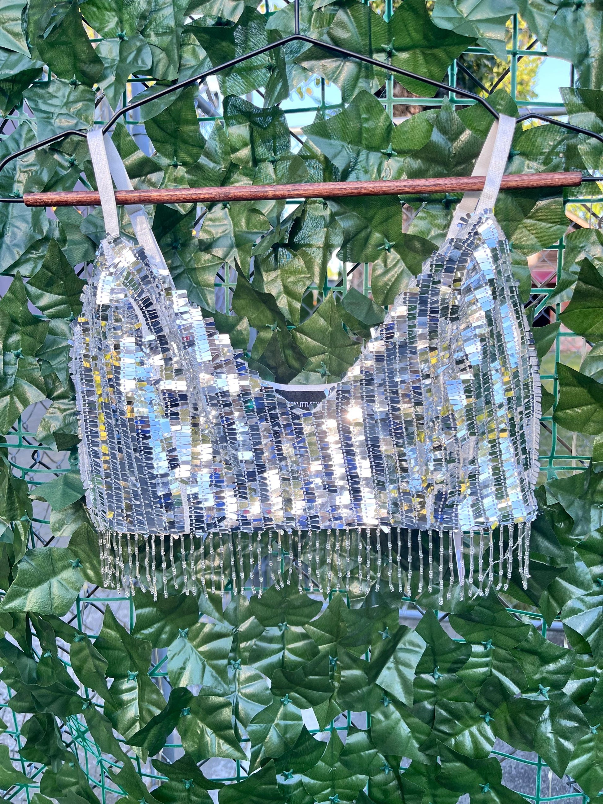Silver Reflective Mirror Sequin Tank With Tassels