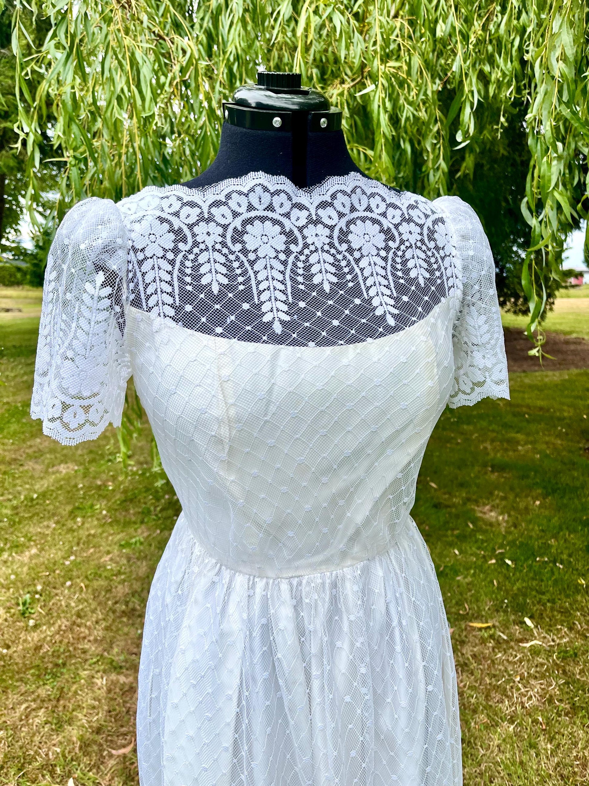 Vintage 1970s Cream All-Lace Dress – High Neck Illusion Bodice & Puff Sleeves