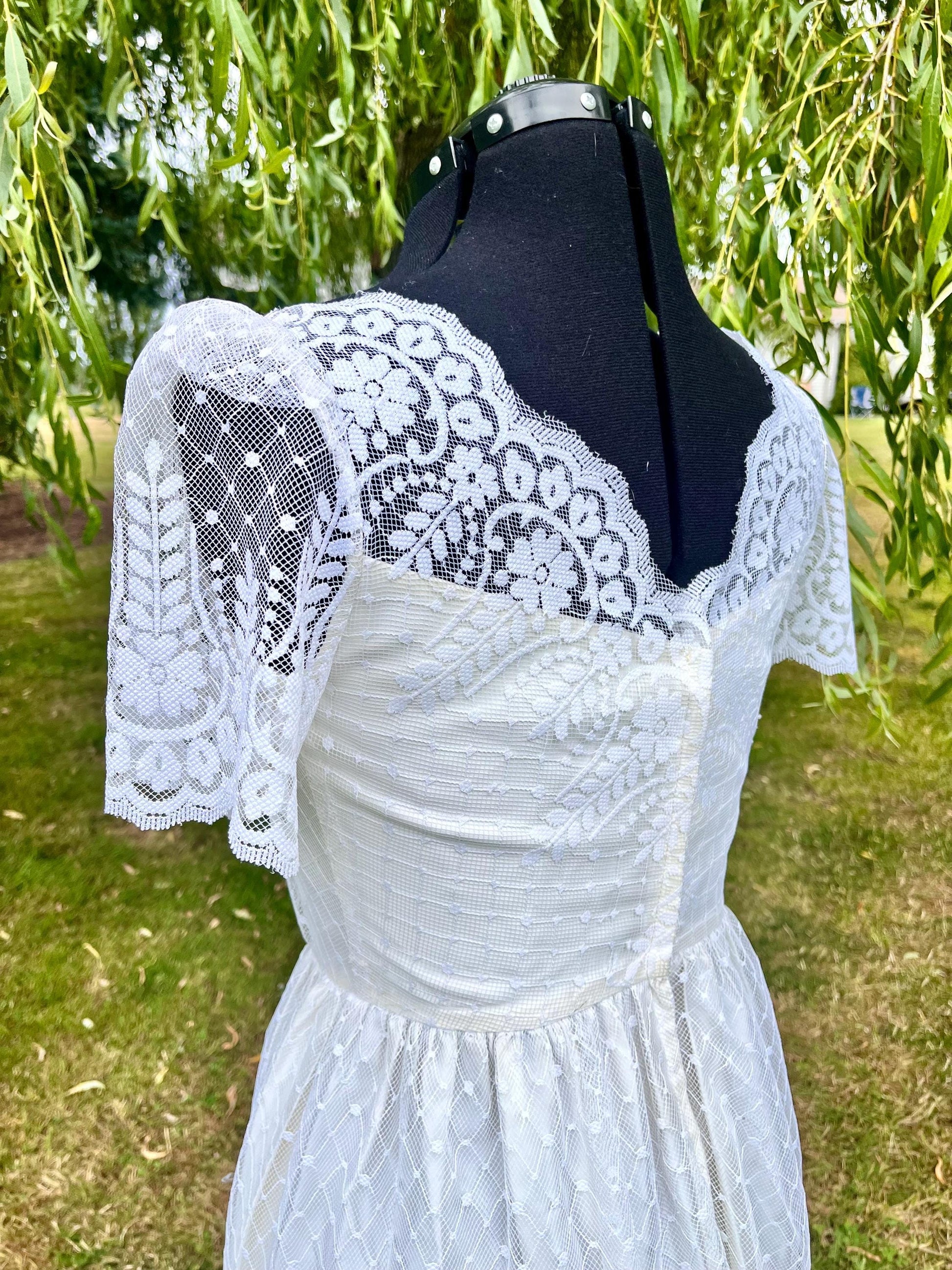 Vintage 1970s Cream All-Lace Dress – High Neck Illusion Bodice & Puff Sleeves