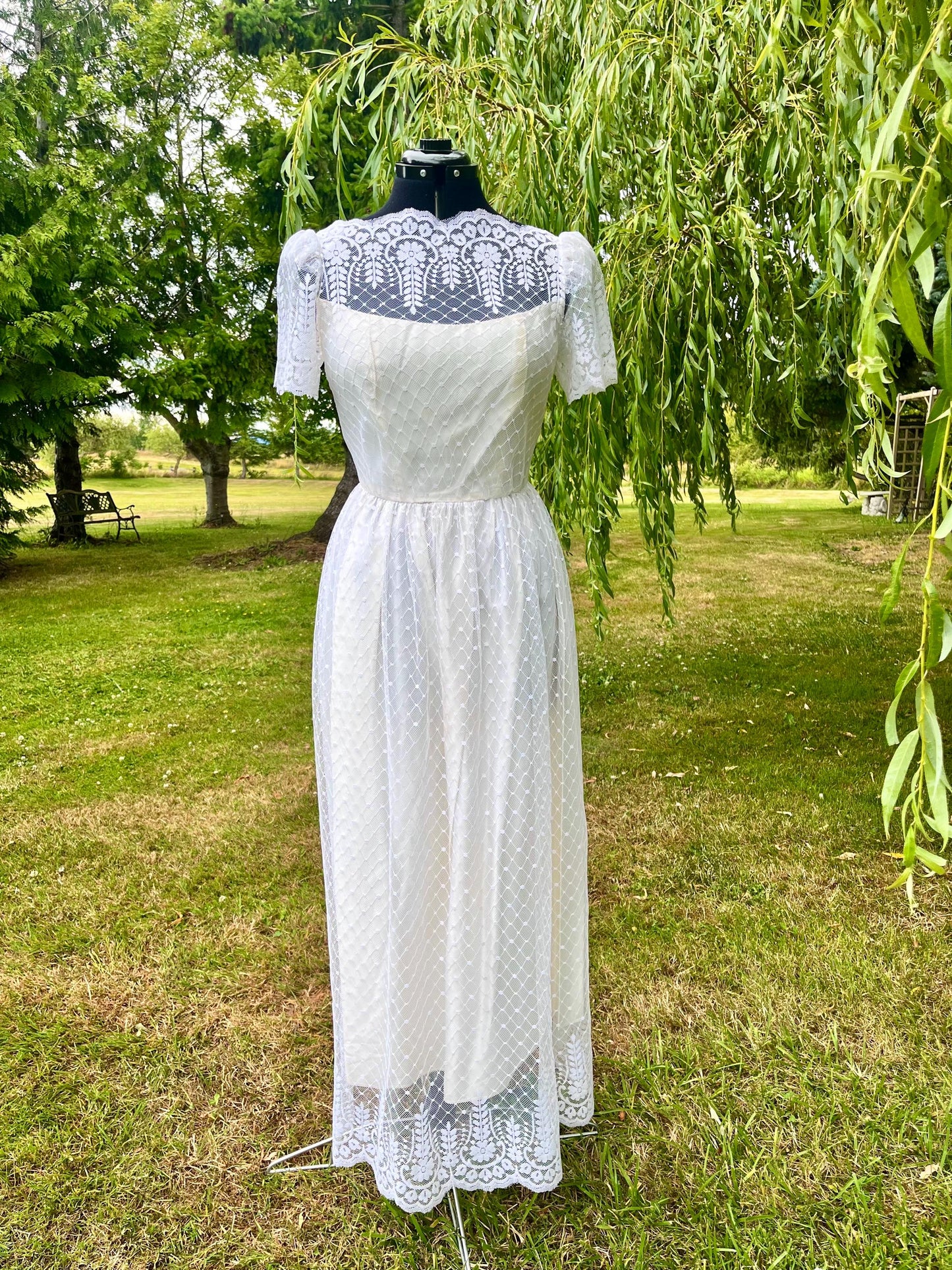 Vintage 1970s Cream All-Lace Dress – High Neck Illusion Bodice & Puff Sleeves