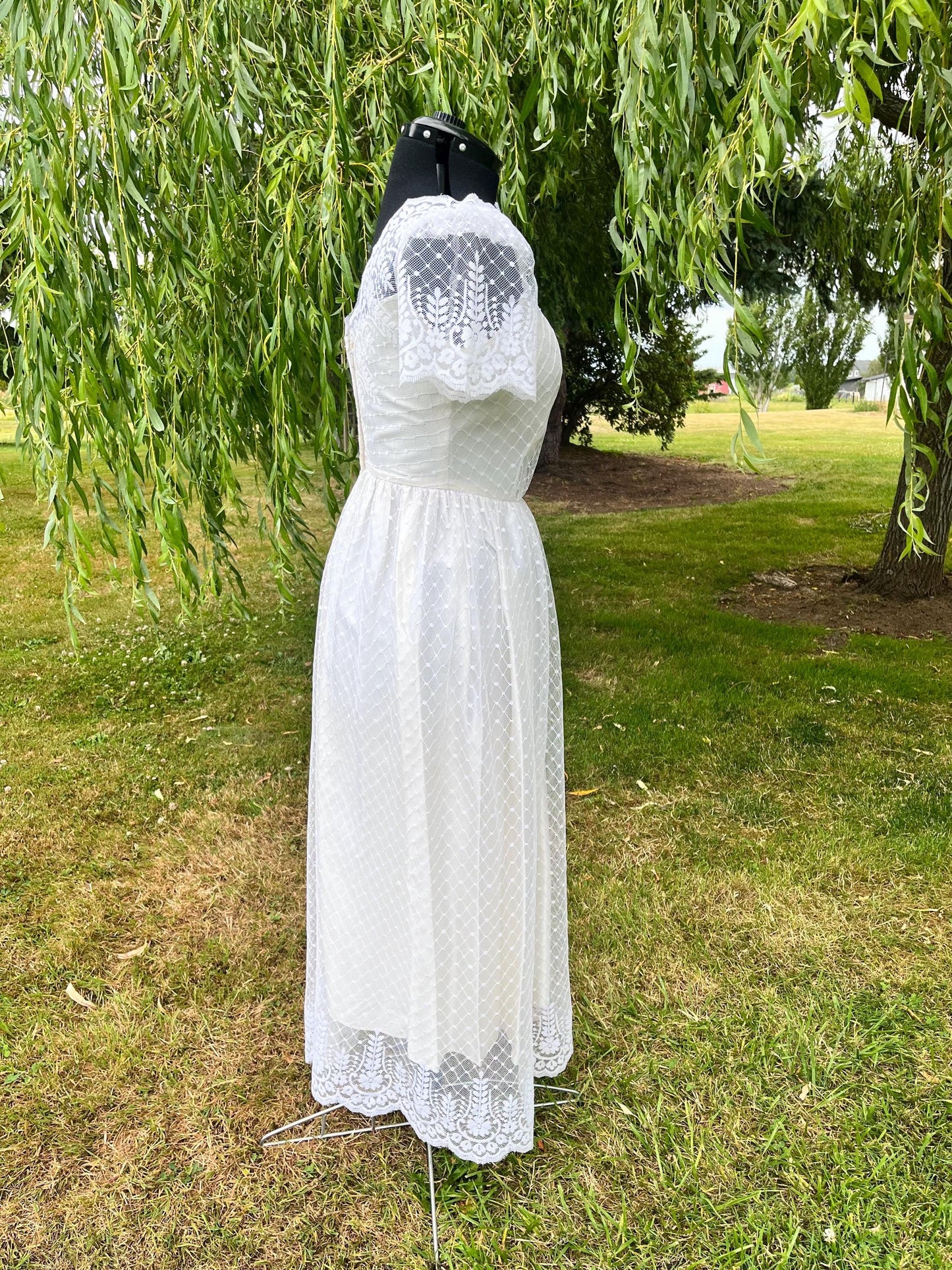 Vintage 1970s Cream All-Lace Dress – High Neck Illusion Bodice & Puff Sleeves