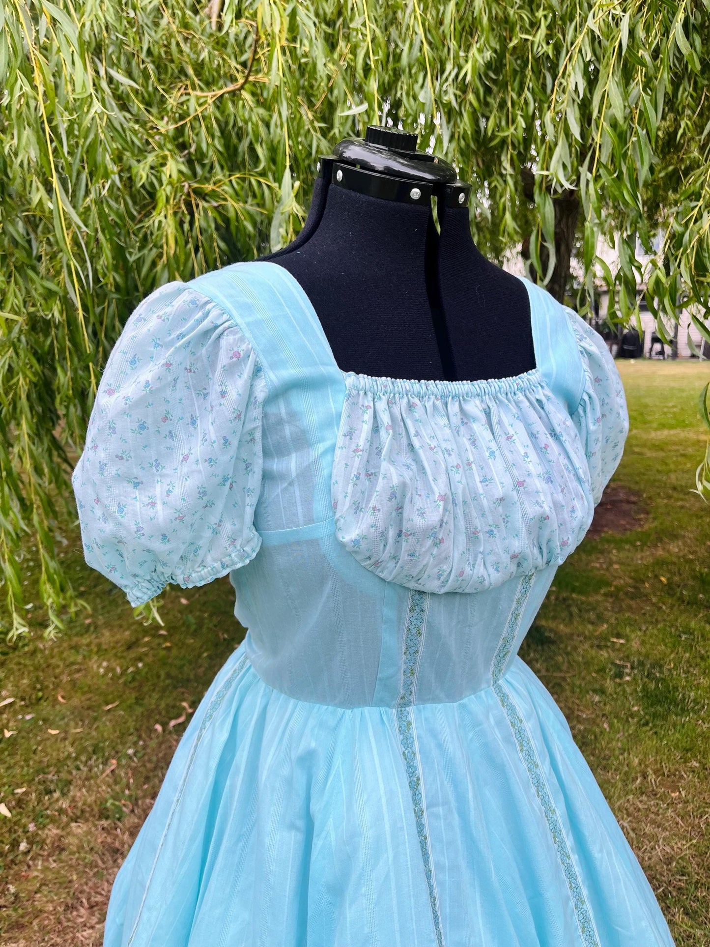 Handmade Puff Sleeve Prairie Dress – Baby Blue with Floral Ruffle Trim