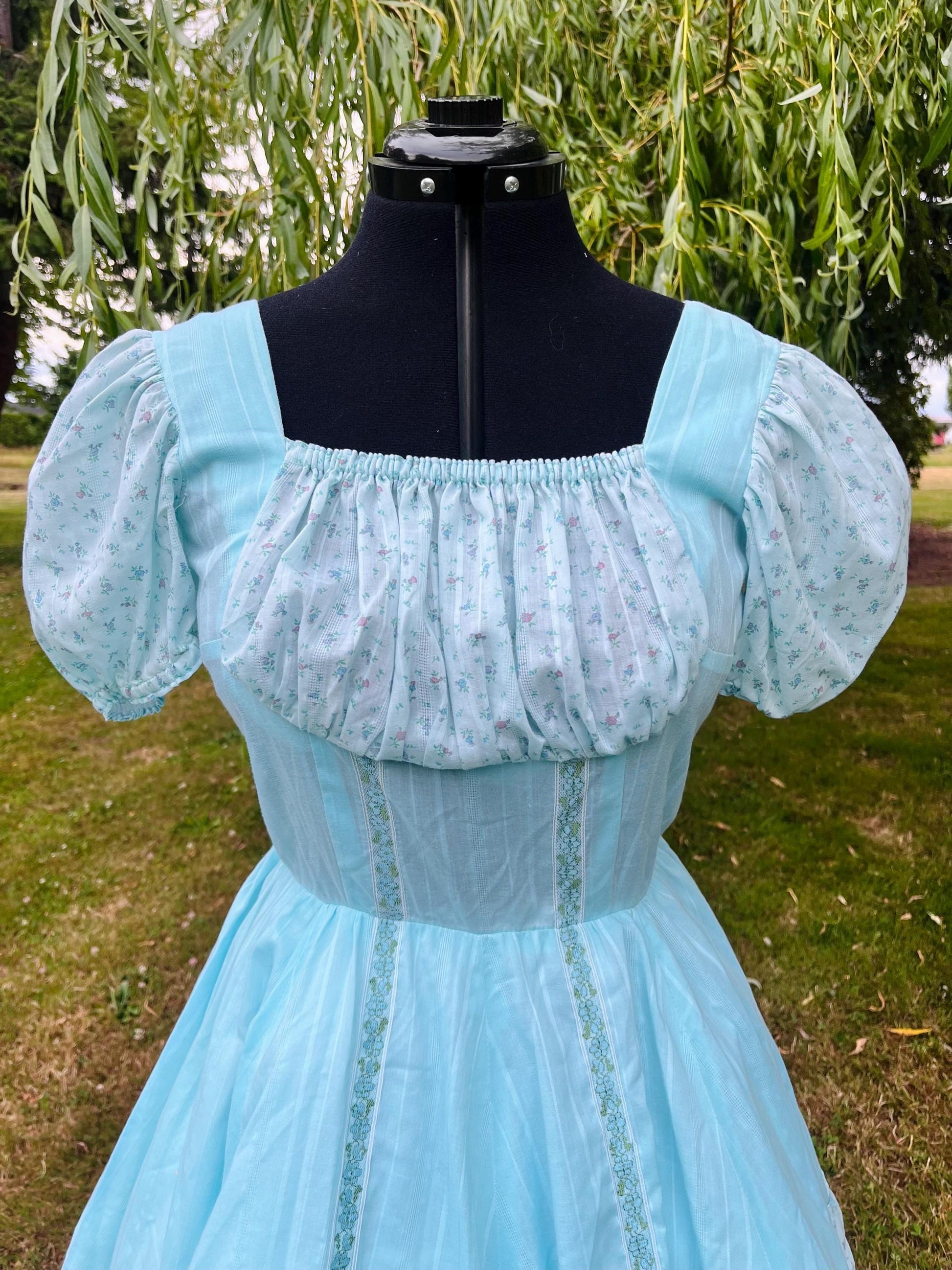 Handmade Puff Sleeve Prairie Dress – Baby Blue with Floral Ruffle Trim