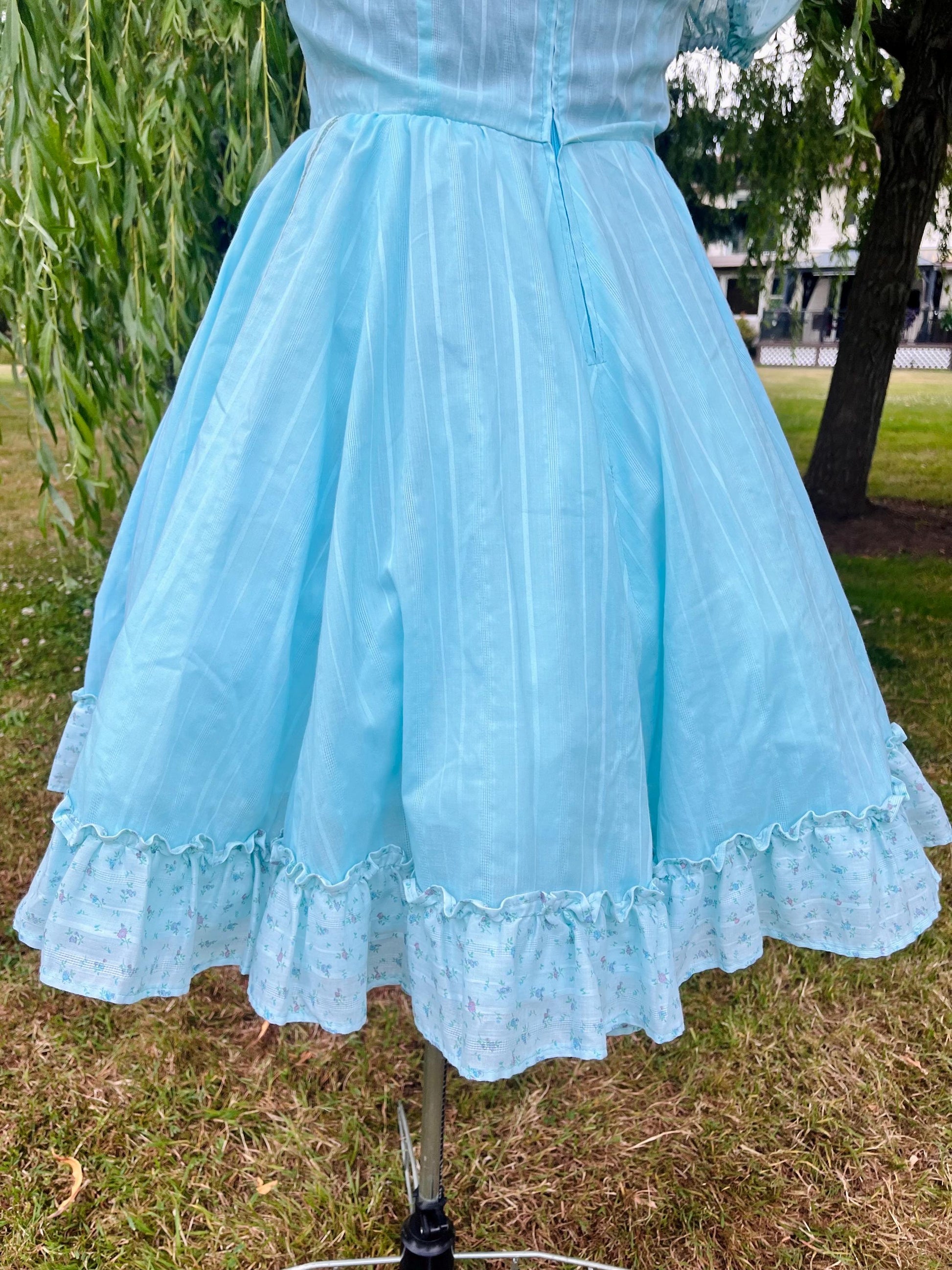 Handmade Puff Sleeve Prairie Dress – Baby Blue with Floral Ruffle Trim