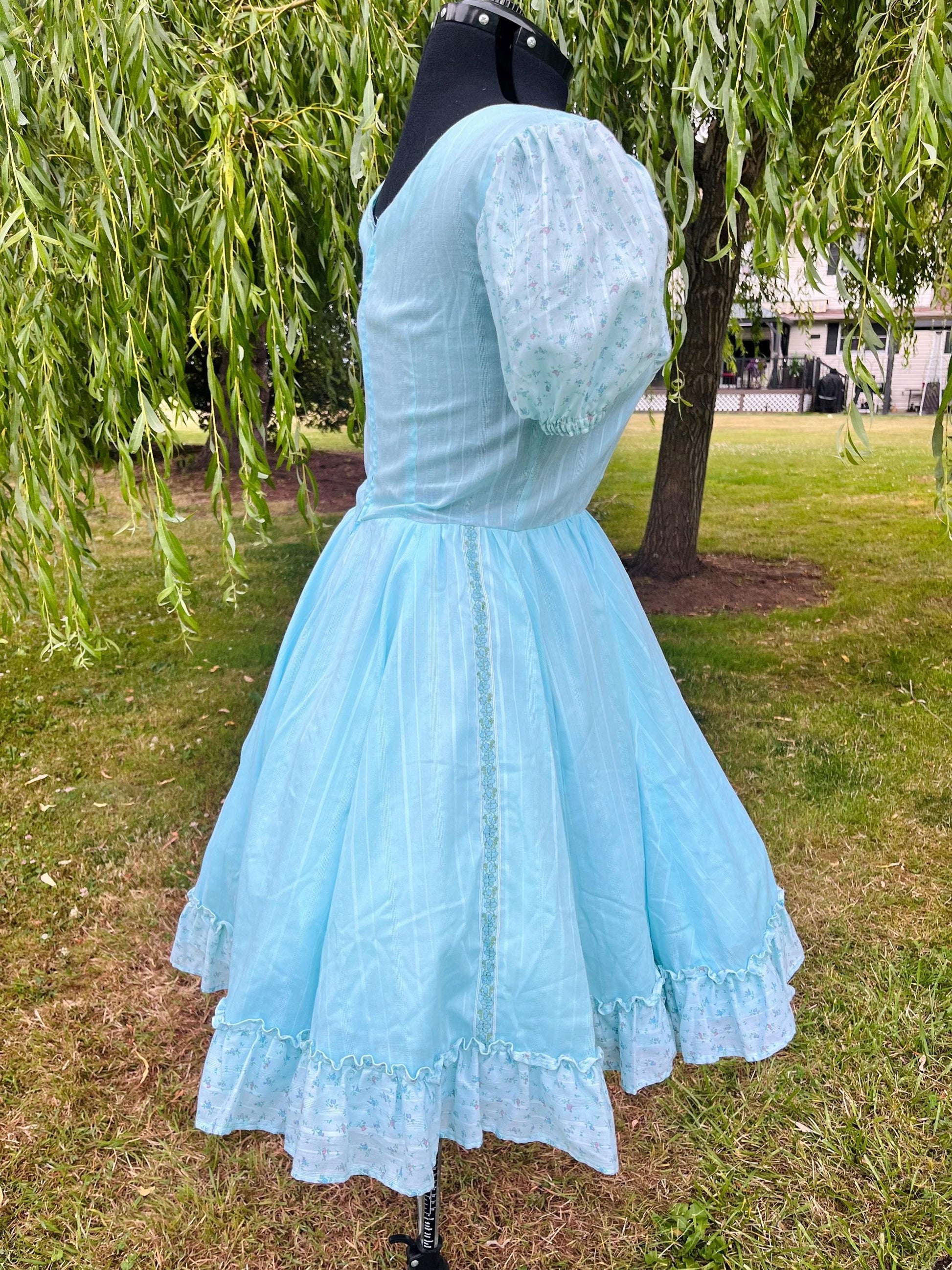 Handmade Puff Sleeve Prairie Dress – Baby Blue with Floral Ruffle Trim