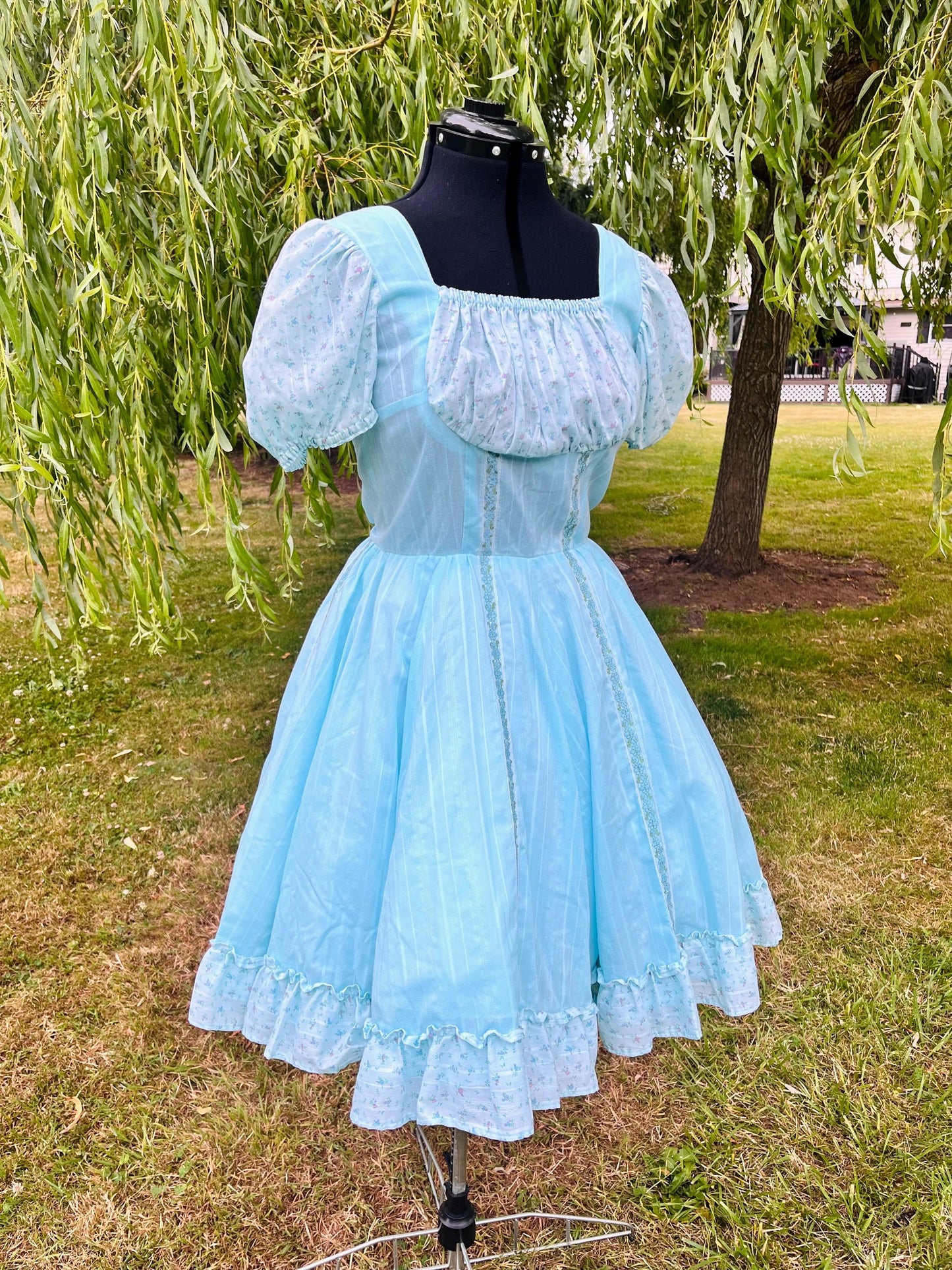 Handmade Puff Sleeve Prairie Dress – Baby Blue with Floral Ruffle Trim