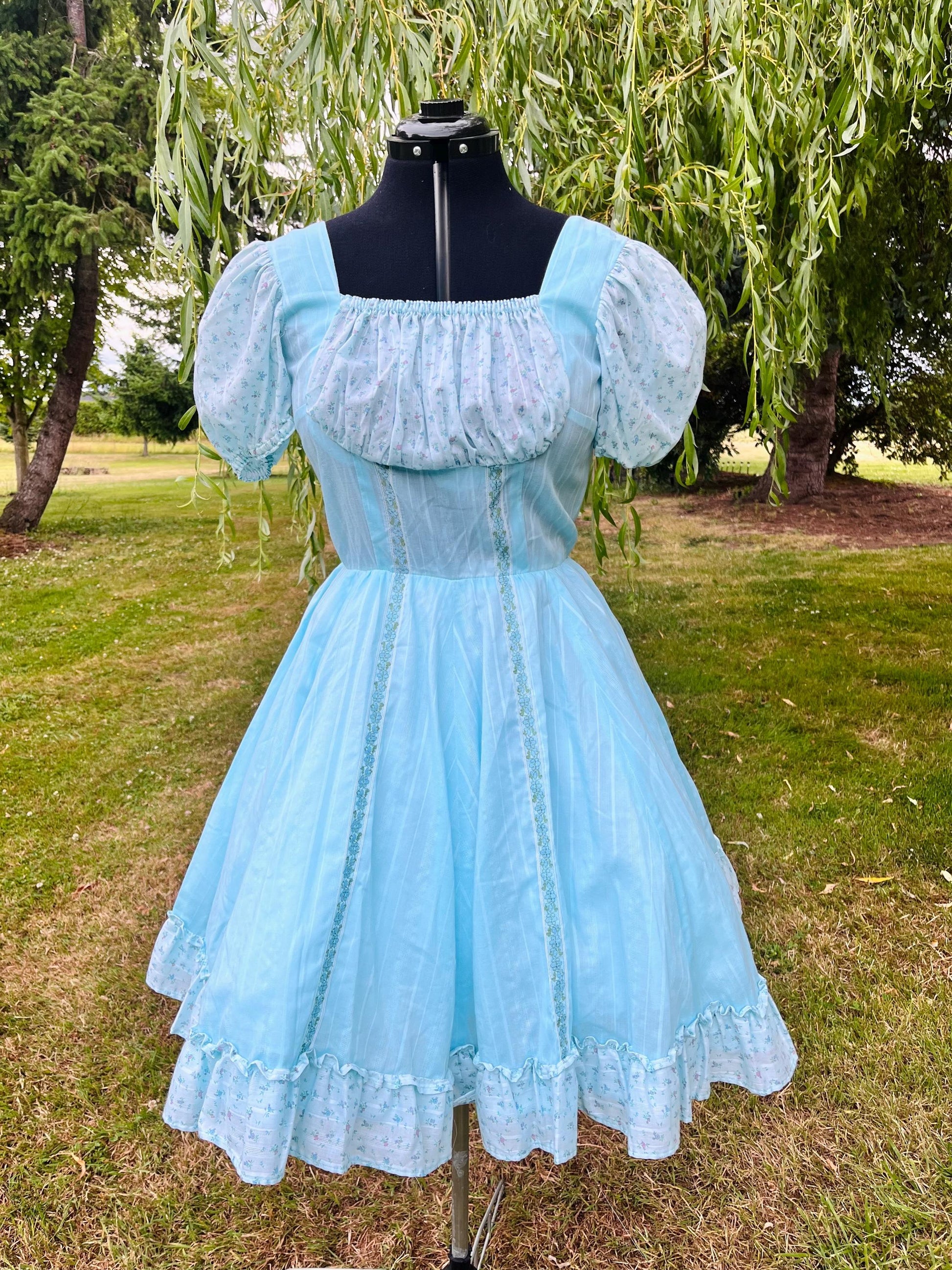 Handmade Puff Sleeve Prairie Dress – Baby Blue with Floral Ruffle Trim