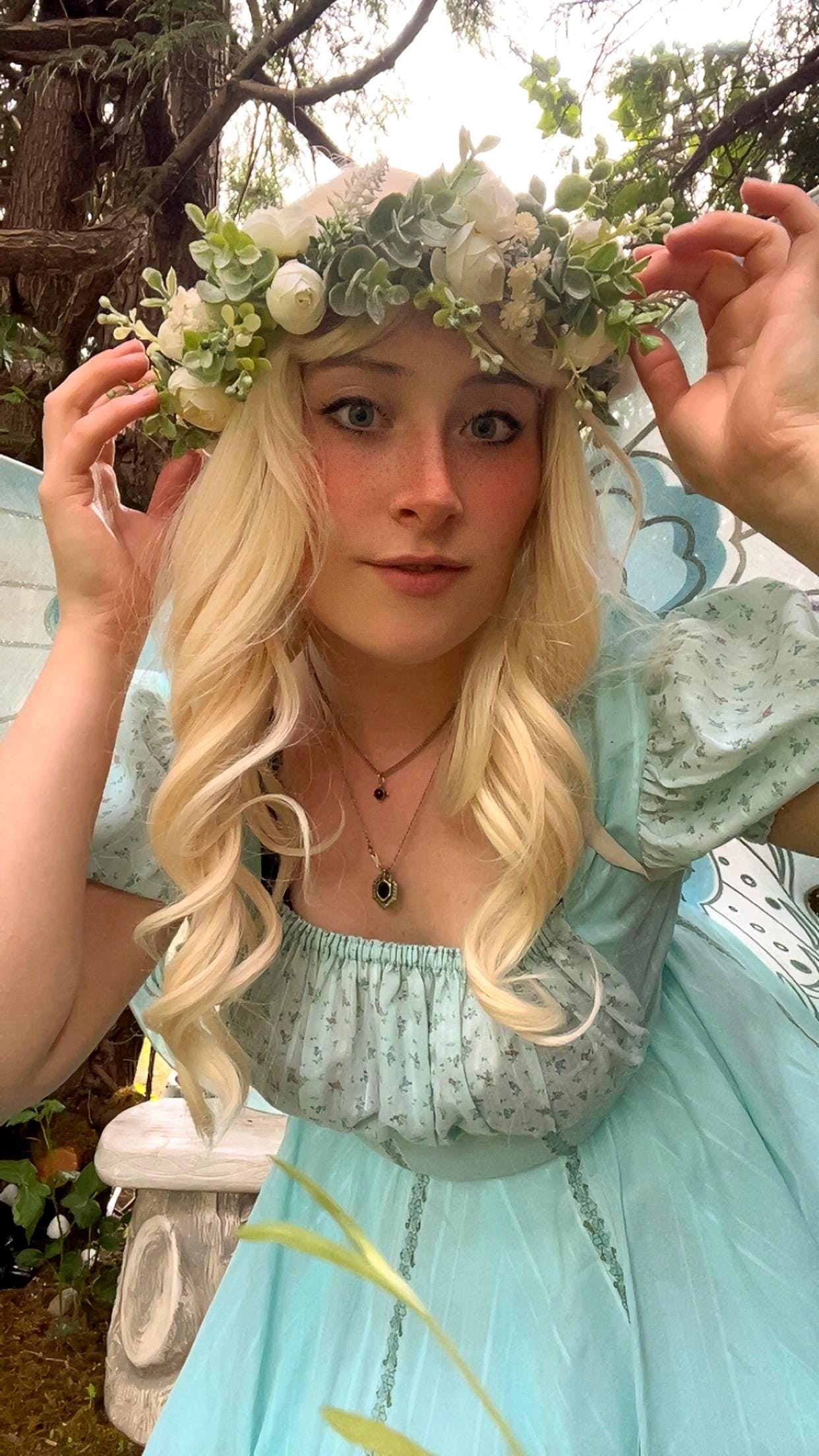 Handmade Puff Sleeve Prairie Dress – Baby Blue with Floral Ruffle Trim