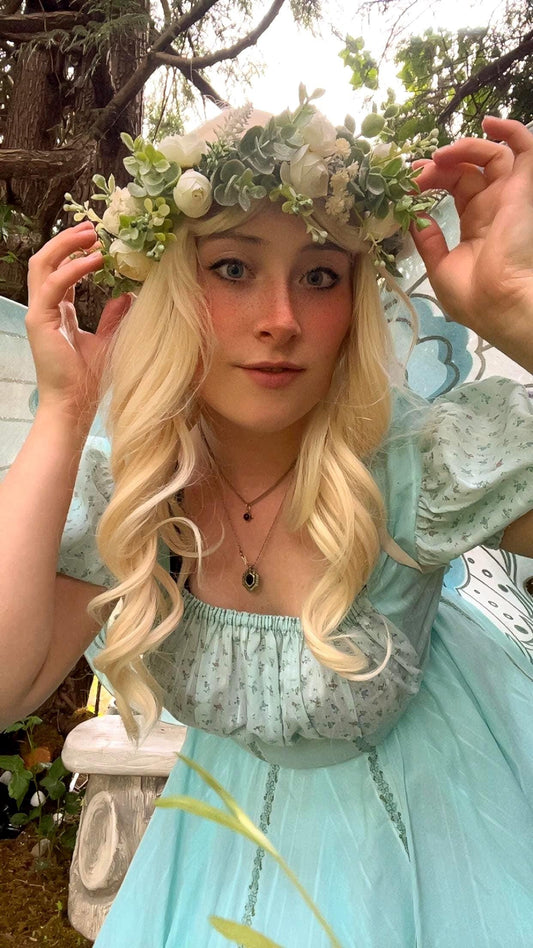 Handmade Puff Sleeve Prairie Dress – Baby Blue with Floral Ruffle Trim