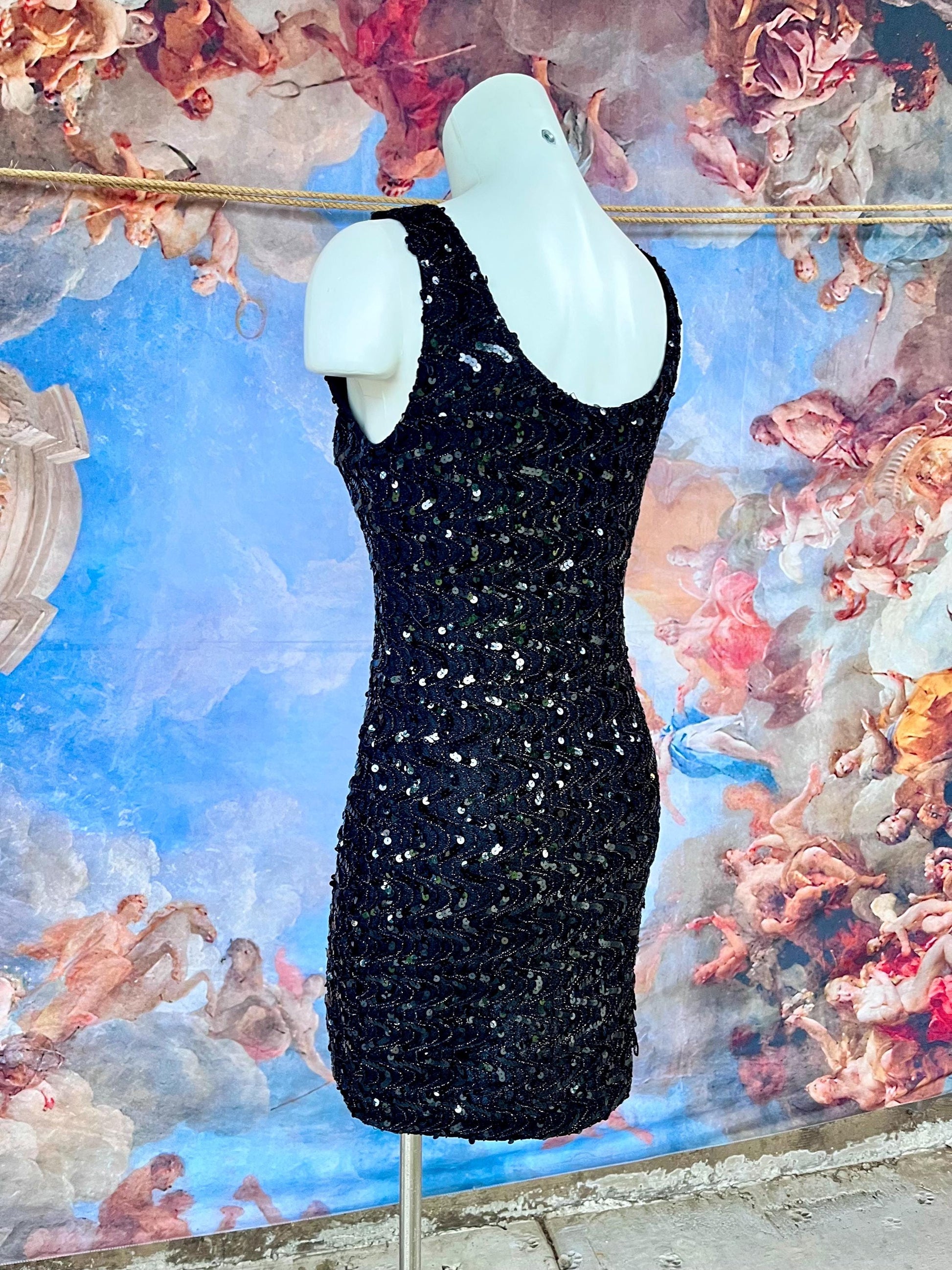 Fully Embellished Black Sequin Mini Dress