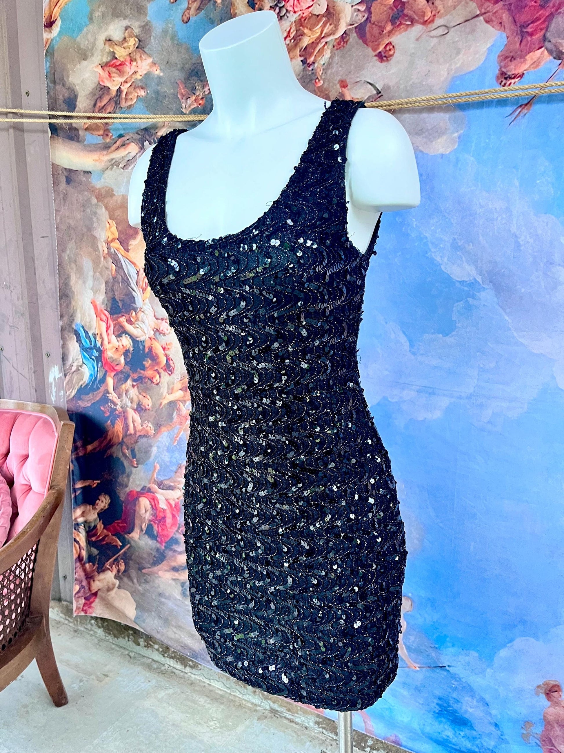 Fully Embellished Black Sequin Mini Dress