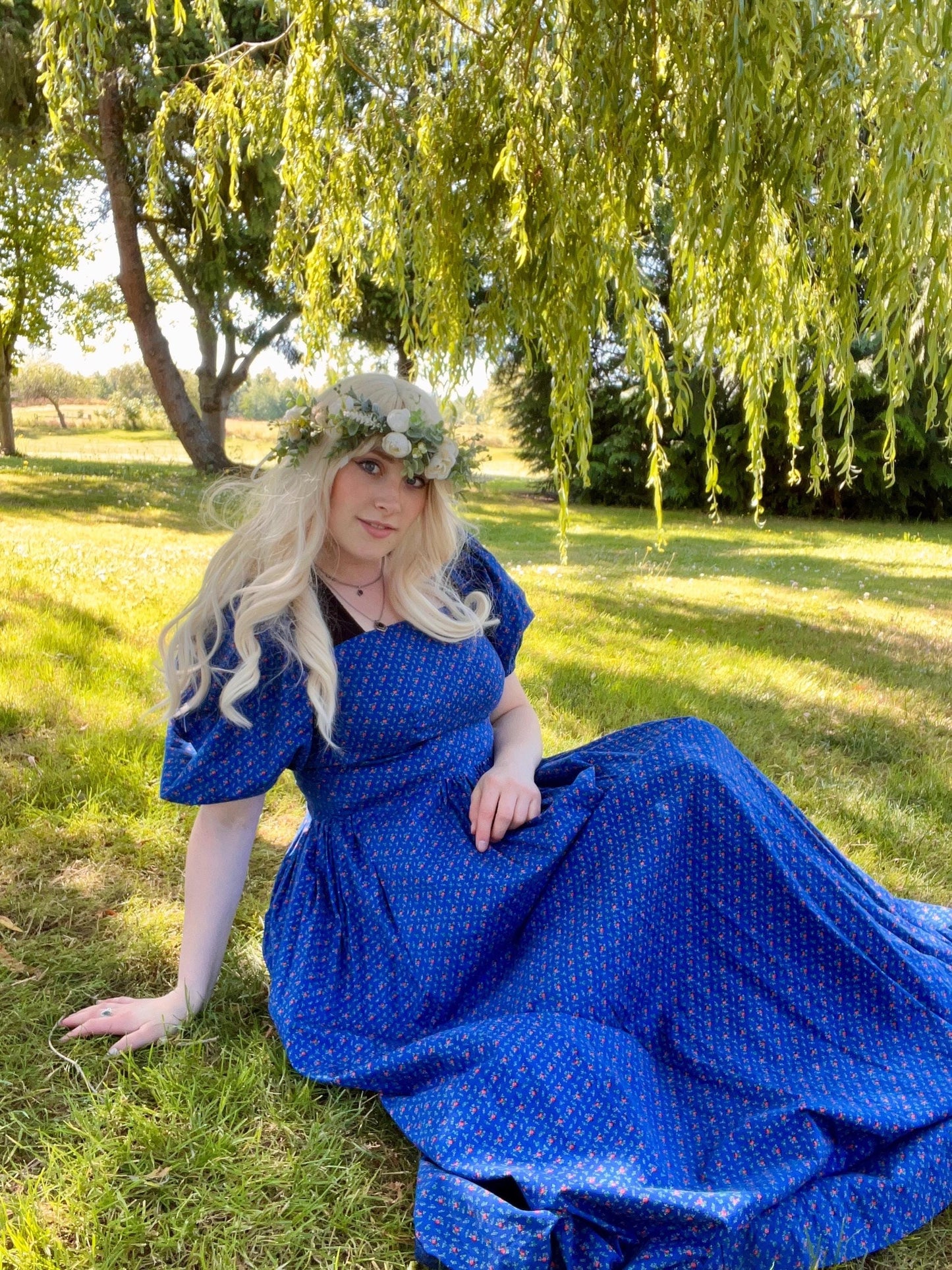 Royal Blue Puffy Sleeved Cottagecore Dress