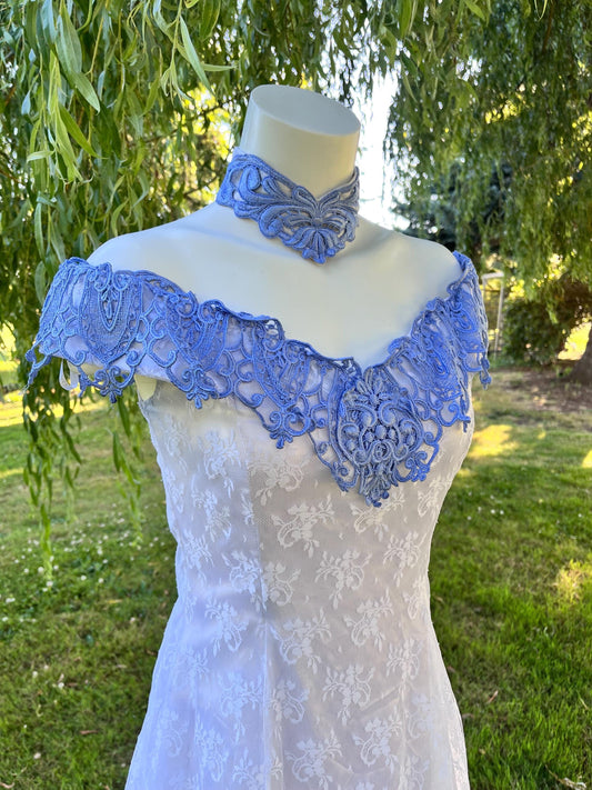 Scott McClintock Off-Shoulder White Lace Dress with Blue Embroidered Applique