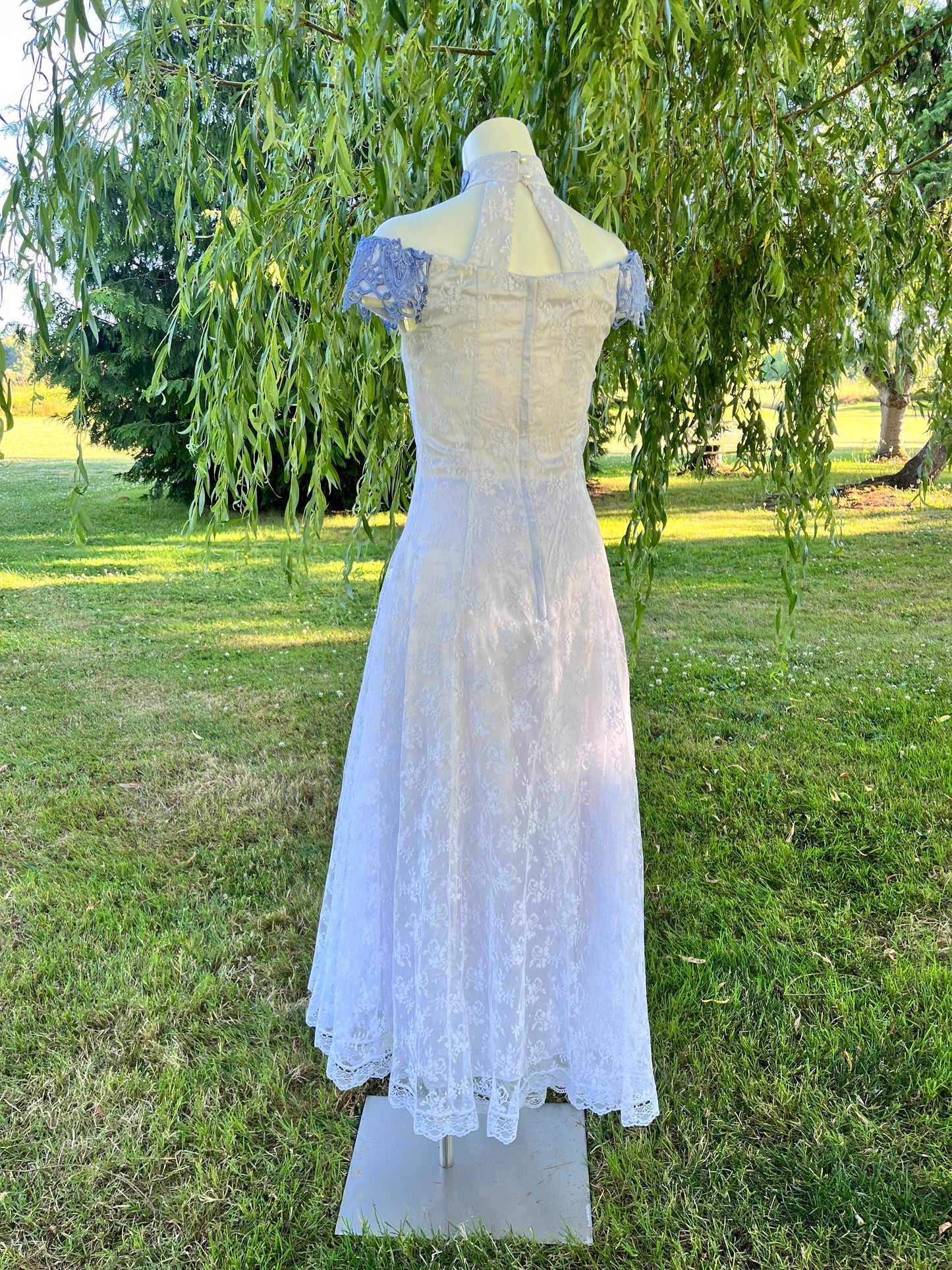 Scott McClintock Off-Shoulder White Lace Dress with Blue Embroidered Applique