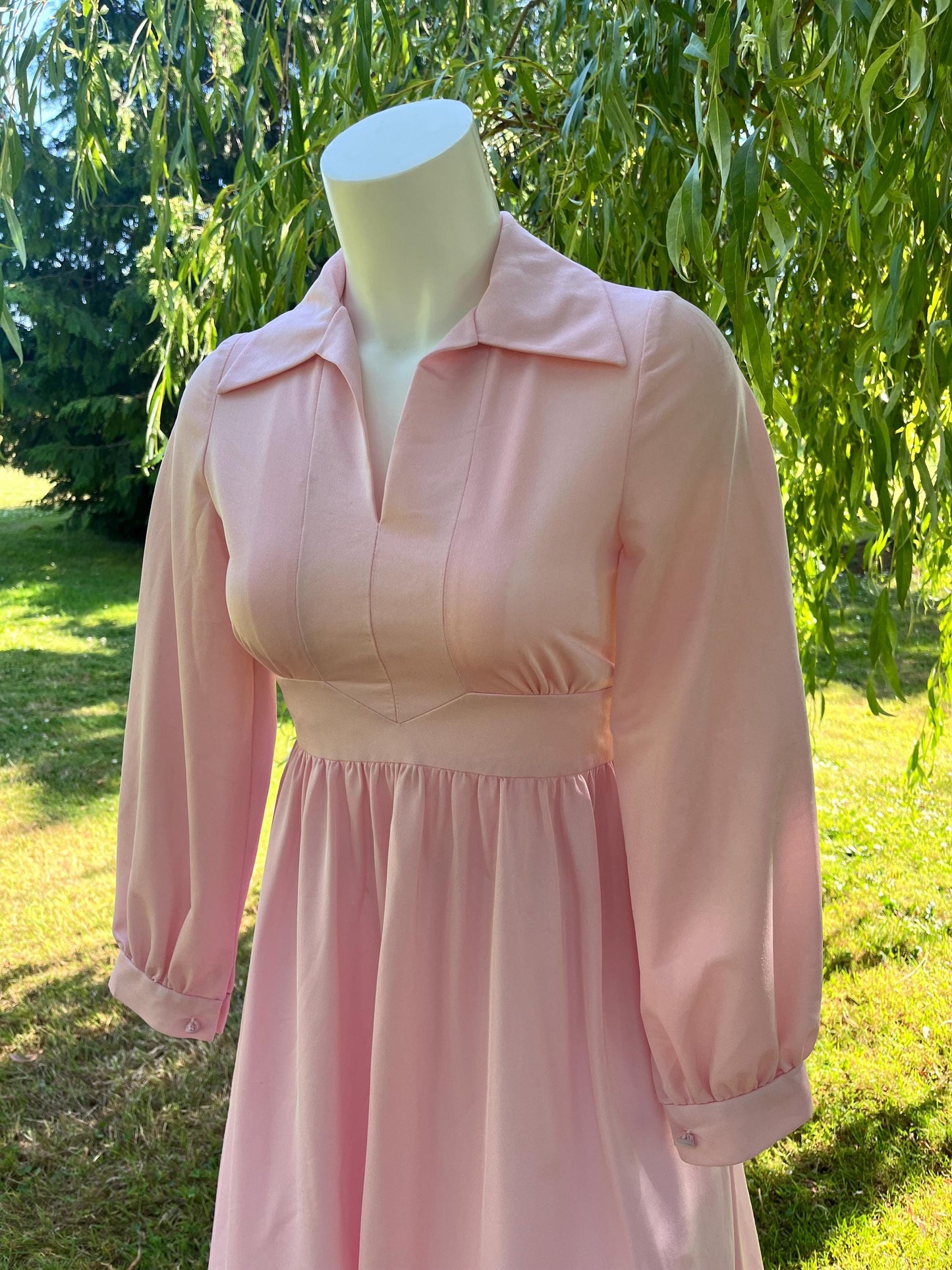 Vintage 1970s Pink Prairie Maxi Dress – Long Sleeve Collared Cottagecore Gown