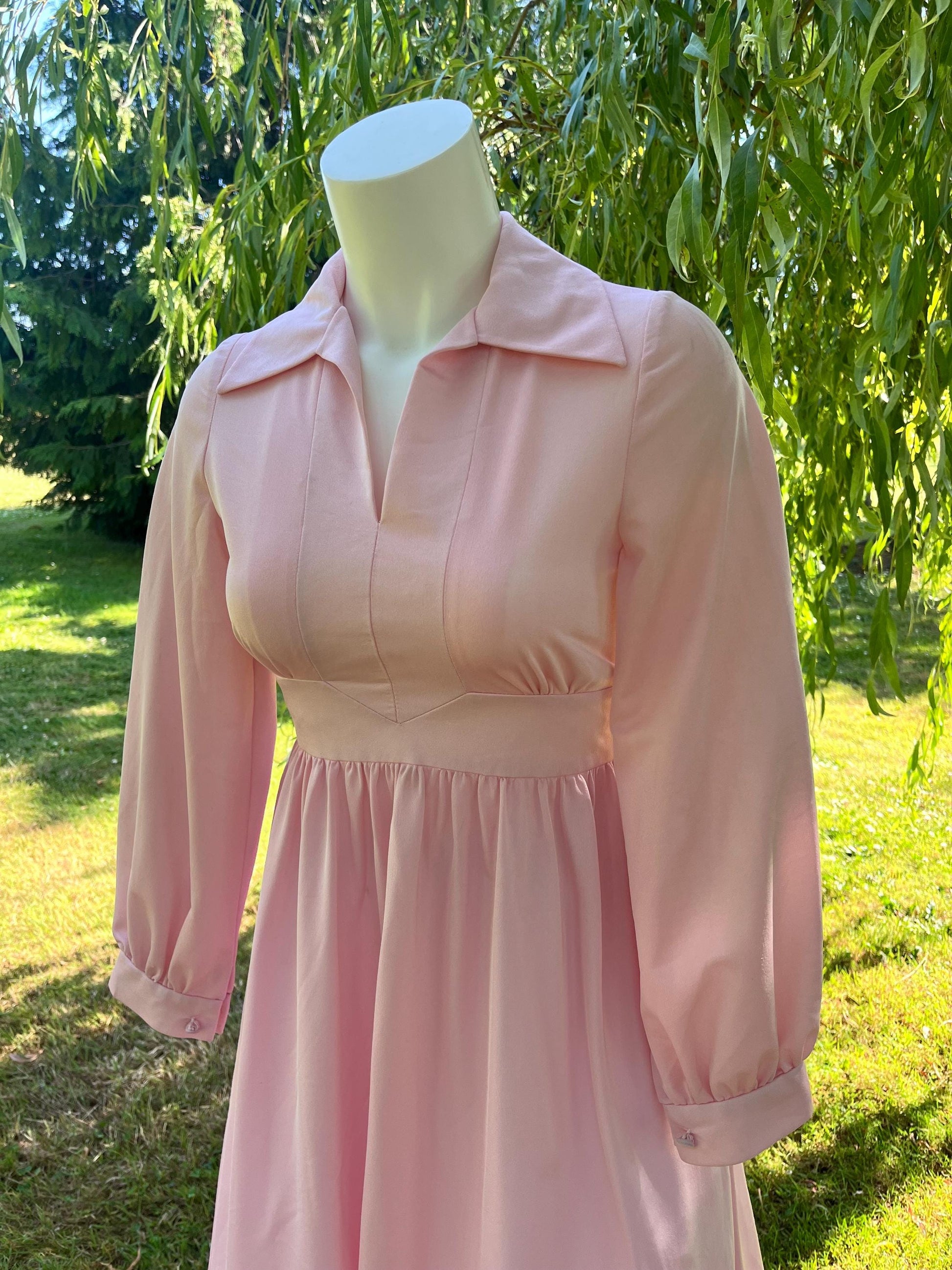 Vintage 1970s Pink Prairie Maxi Dress – Long Sleeve Collared Cottagecore Gown