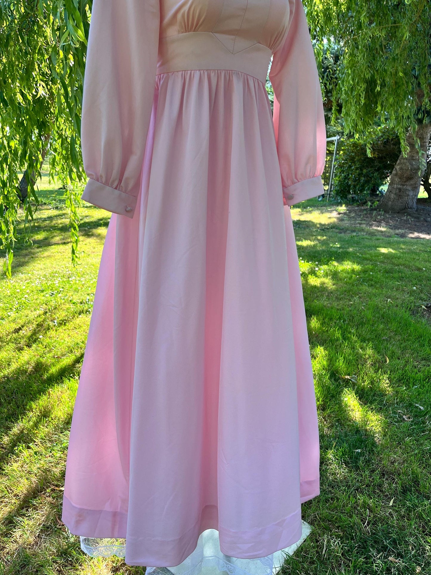 Vintage 1970s Pink Prairie Maxi Dress – Long Sleeve Collared Cottagecore Gown