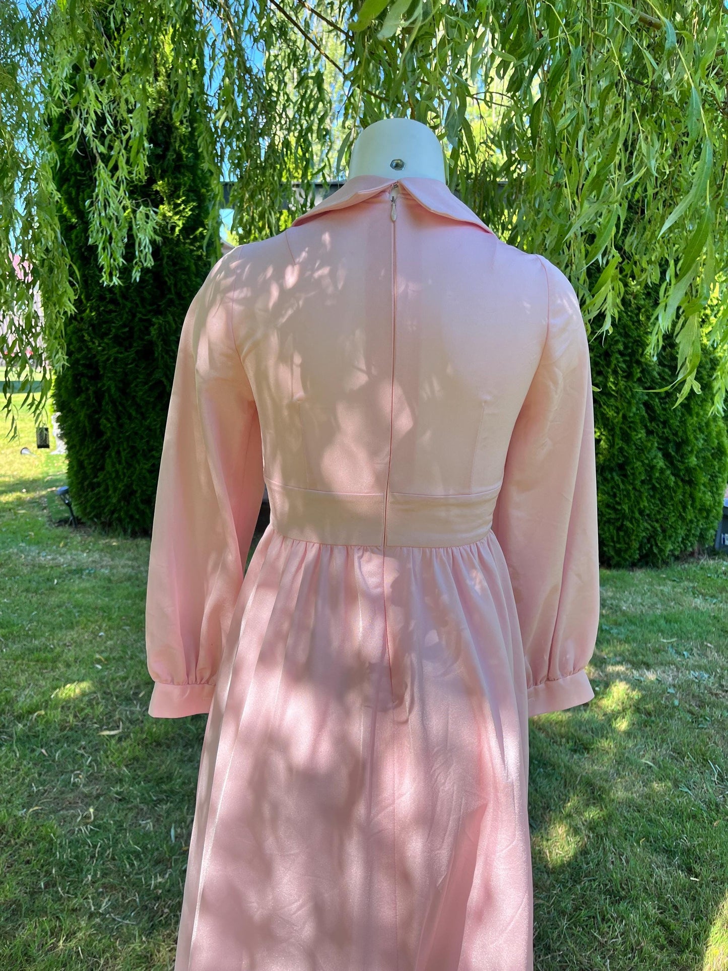Vintage 1970s Pink Prairie Maxi Dress – Long Sleeve Collared Cottagecore Gown