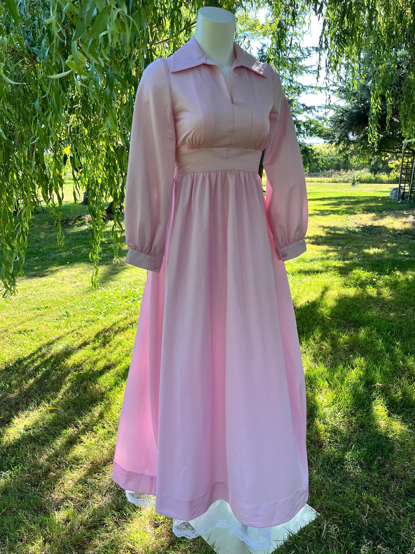 Vintage 1970s Pink Prairie Maxi Dress – Long Sleeve Collared Cottagecore Gown