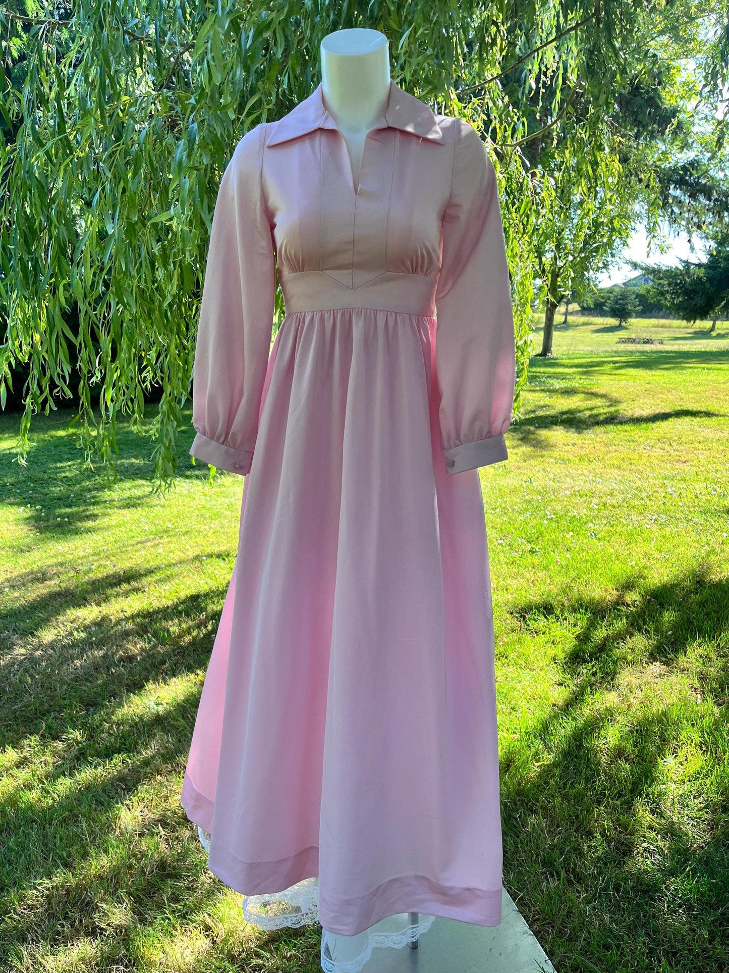 Vintage 1970s Pink Prairie Maxi Dress – Long Sleeve Collared Cottagecore Gown