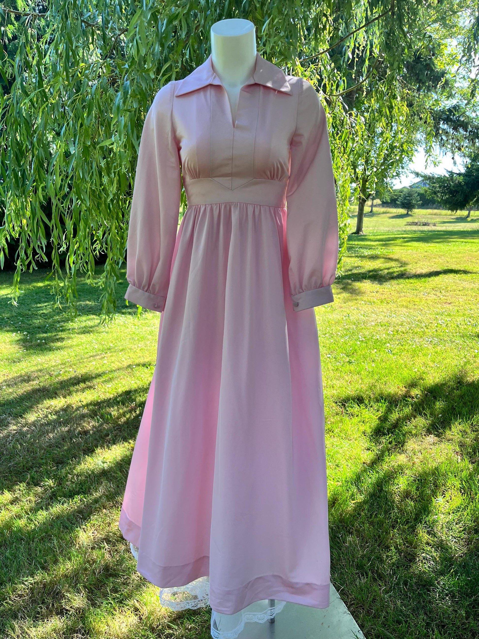 Vintage 1970s Pink Prairie Maxi Dress – Long Sleeve Collared Cottagecore Gown