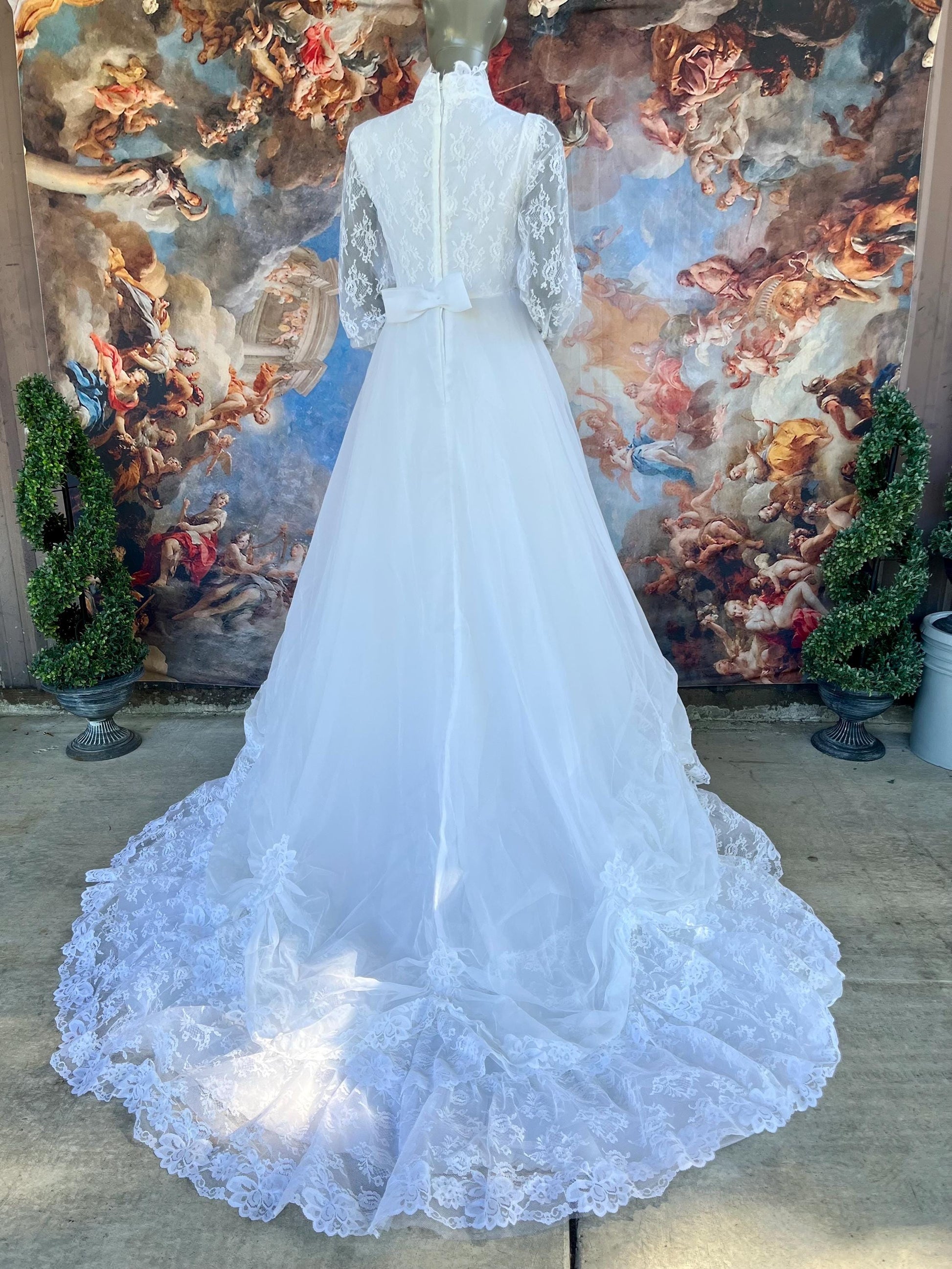 Vintage Wedding Gown With Queen Anne High Neckline, Pearls & Lace