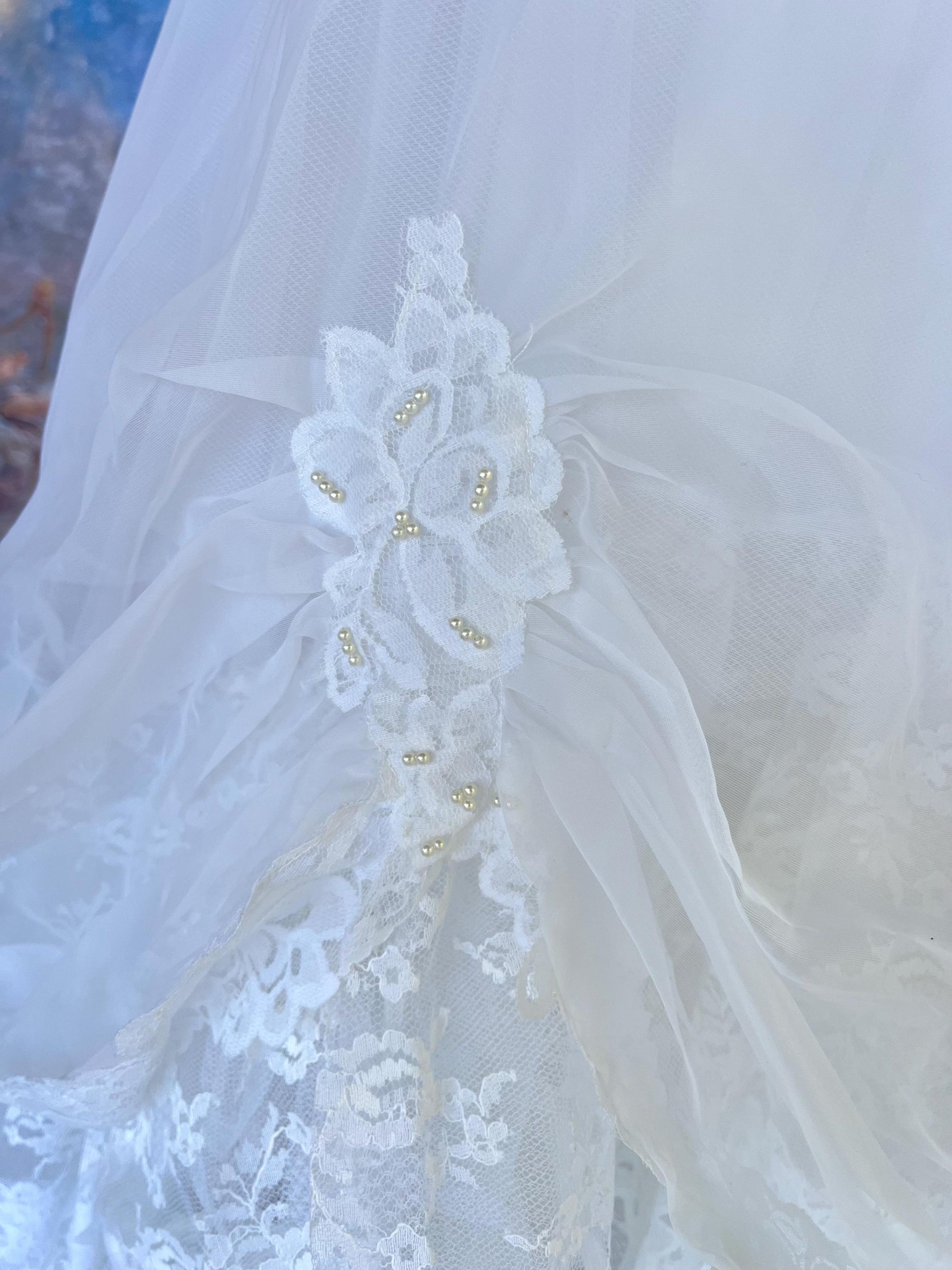 Vintage Wedding Gown With Queen Anne High Neckline, Pearls & Lace